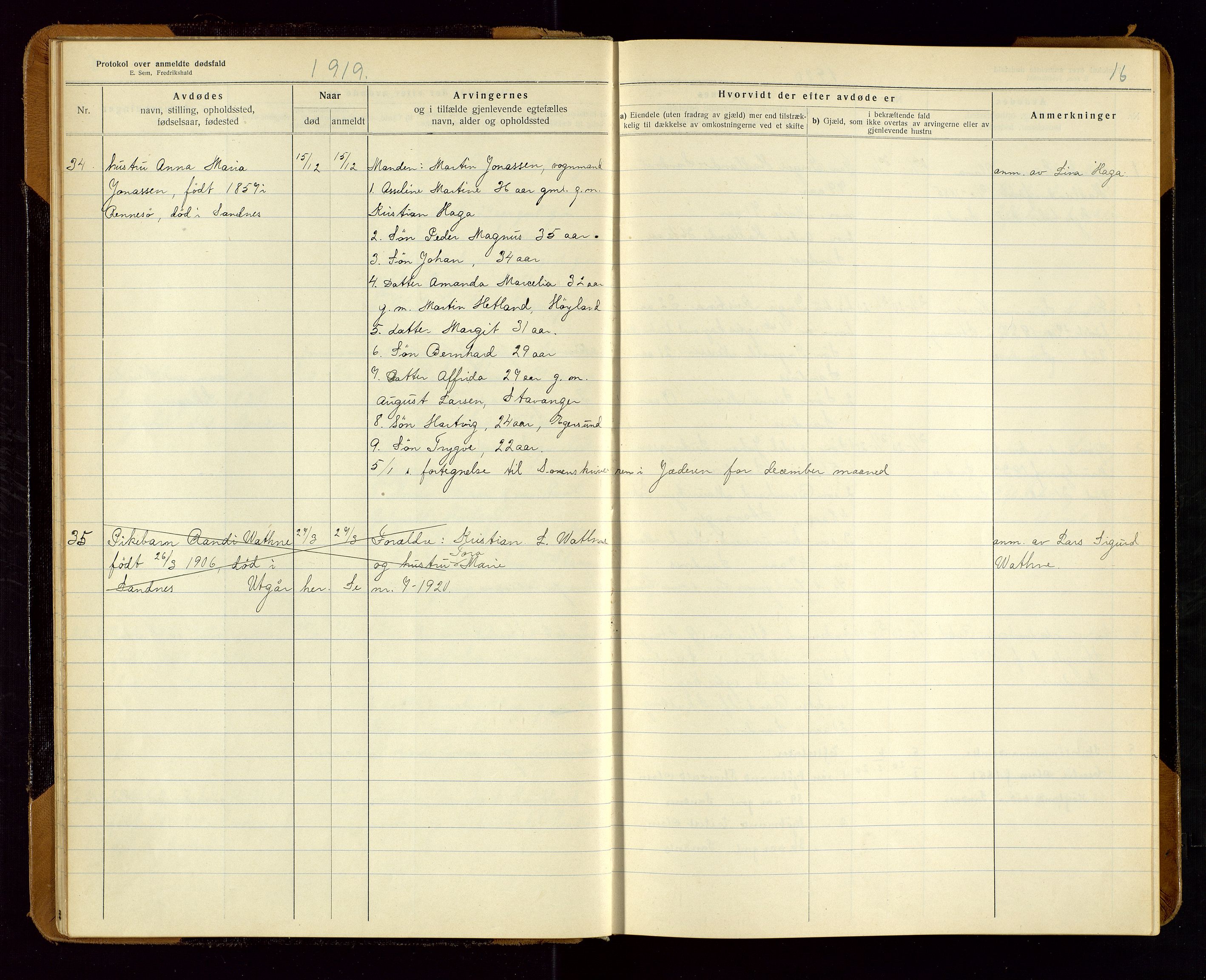 Sandnes lensmannskontor, SAST/A-100167/Gga/L0001: "Protokol over anmeldte dødsfald" m/register, 1918-1940, p. 16
