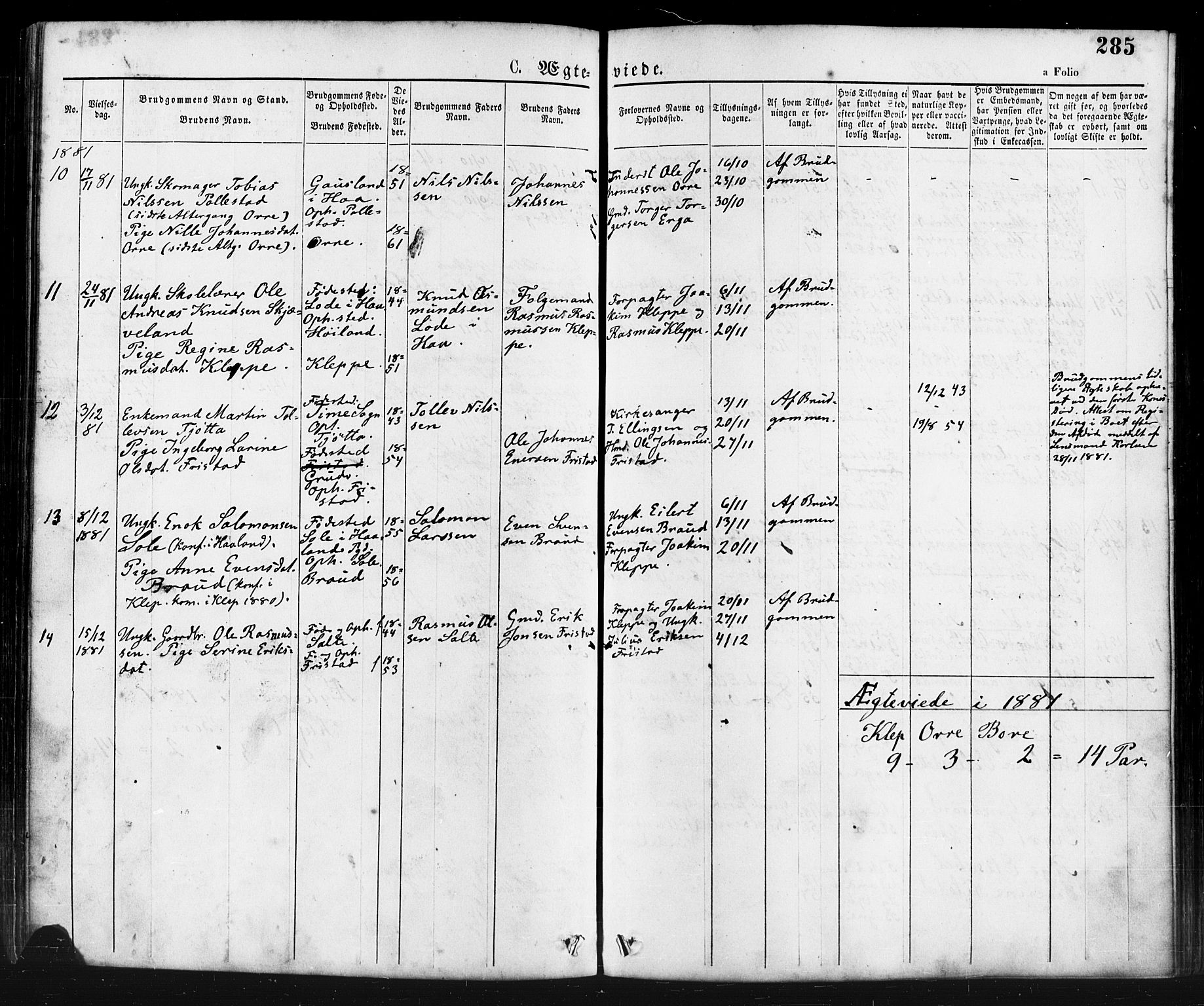 Klepp sokneprestkontor, AV/SAST-A-101803/001/3/30BA/L0006: Parish register (official) no. A 6, 1871-1885, p. 285