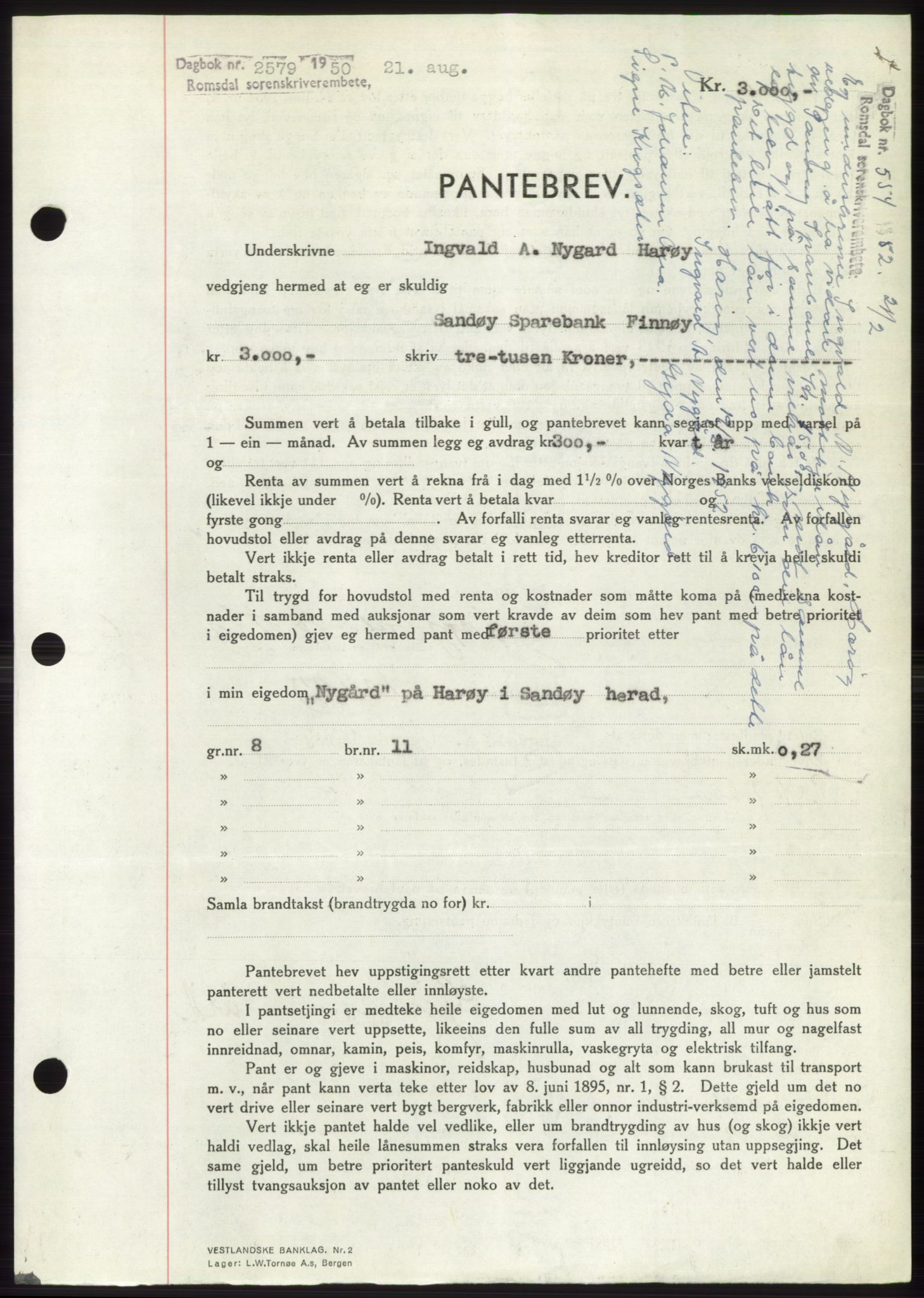 Romsdal sorenskriveri, AV/SAT-A-4149/1/2/2C: Mortgage book no. B5, 1949-1950, Diary no: : 2579/1950