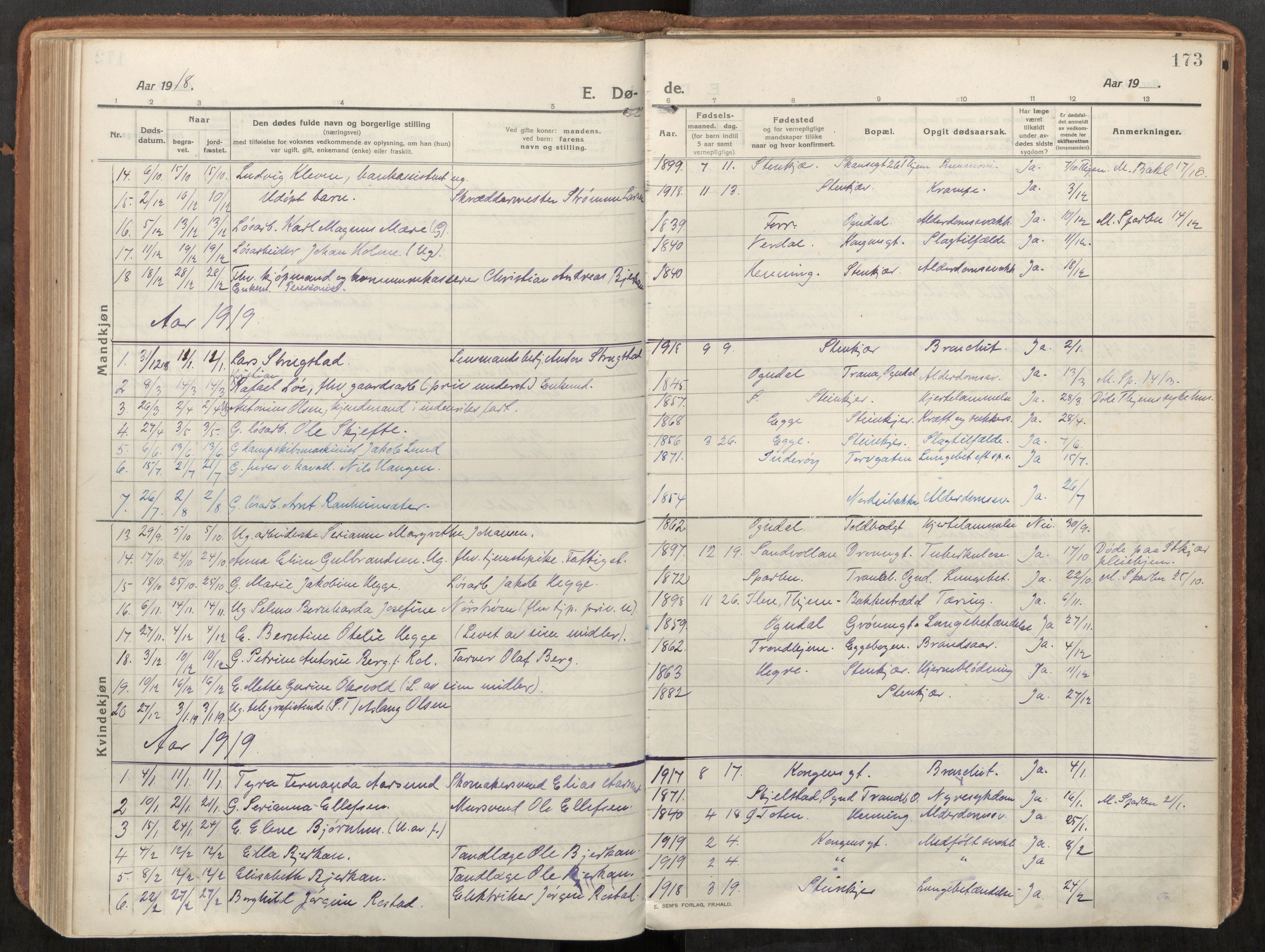 Steinkjer sokneprestkontor, AV/SAT-A-1541/01/H/Ha/Haa/L0003: Parish register (official) no. 3, 1913-1922, p. 173