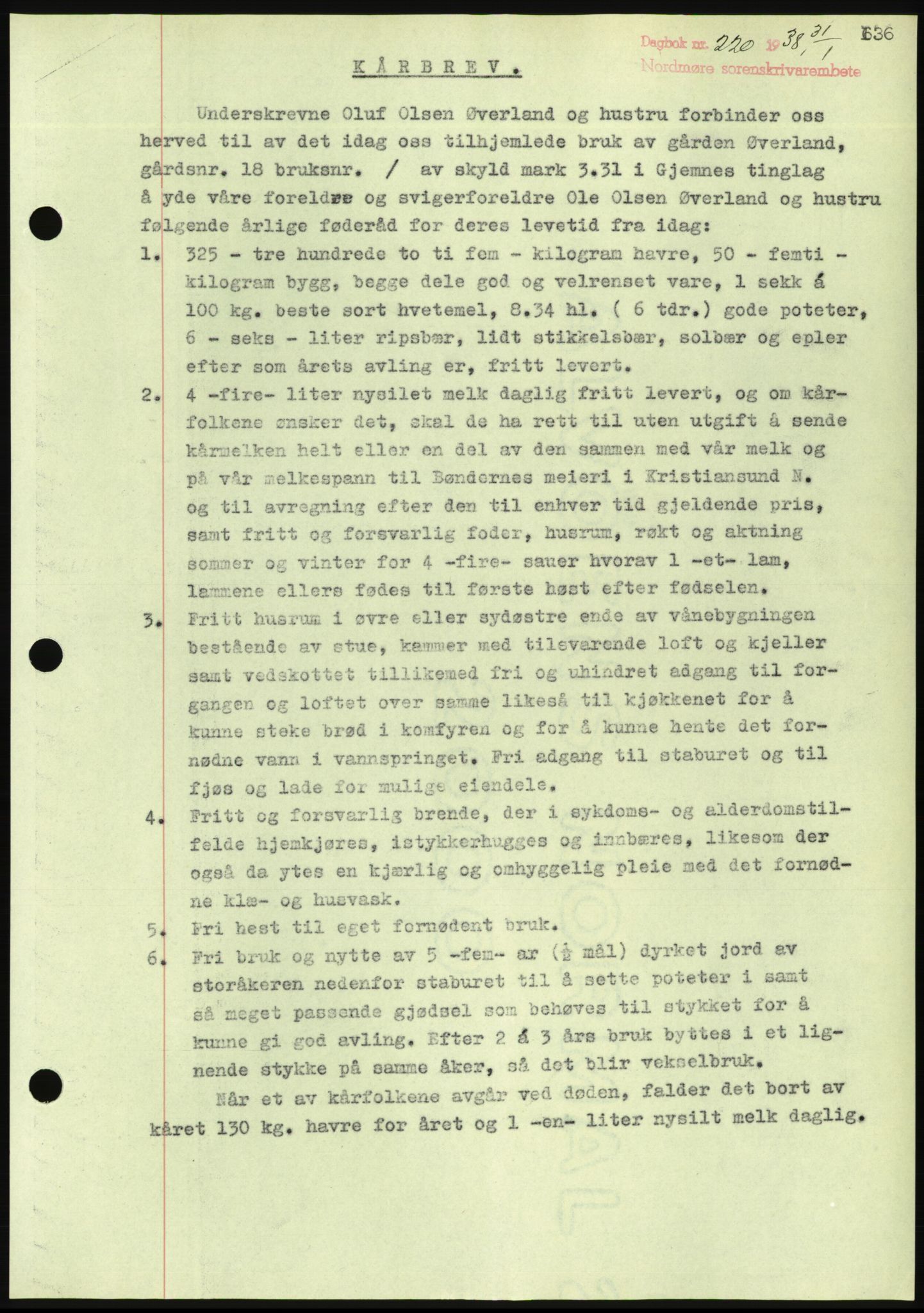 Nordmøre sorenskriveri, AV/SAT-A-4132/1/2/2Ca/L0092: Mortgage book no. B82, 1937-1938, Diary no: : 220/1938