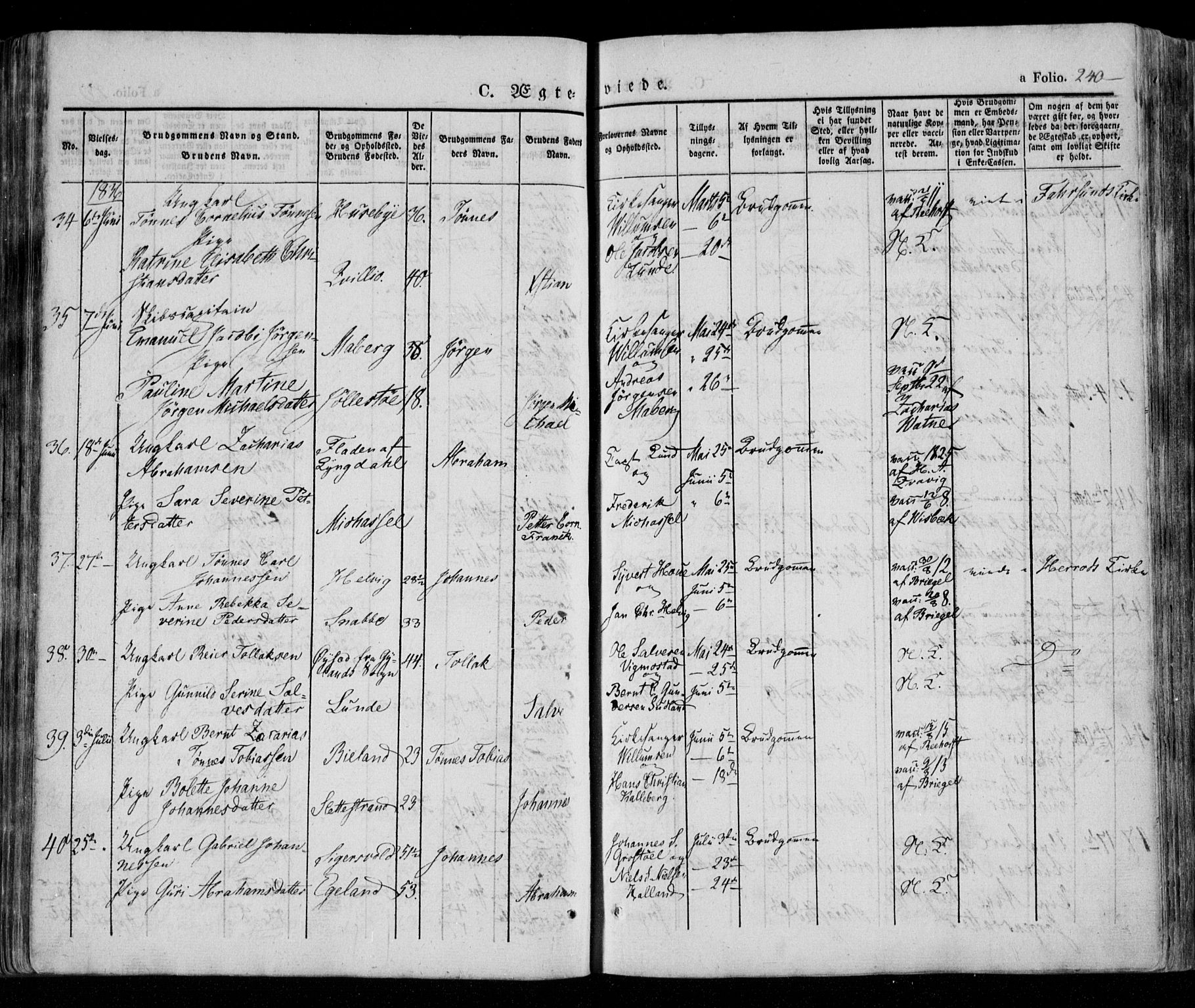 Lista sokneprestkontor, AV/SAK-1111-0027/F/Fa/L0009: Parish register (official) no. A 9, 1835-1846, p. 240