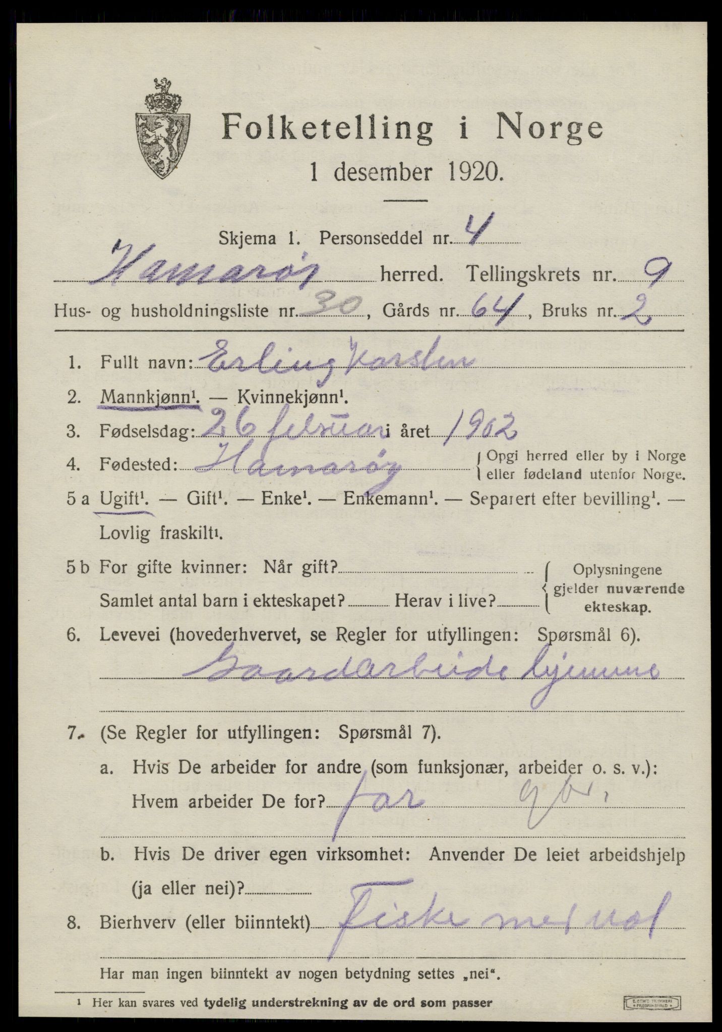 SAT, 1920 census for Hamarøy, 1920, p. 4594