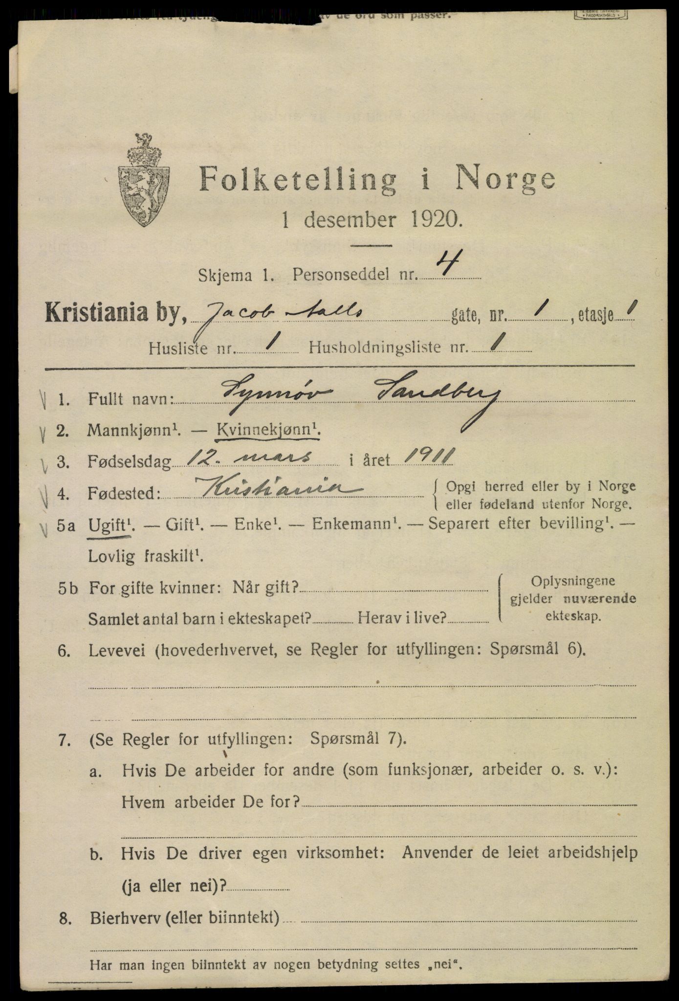 SAO, 1920 census for Kristiania, 1920, p. 312771