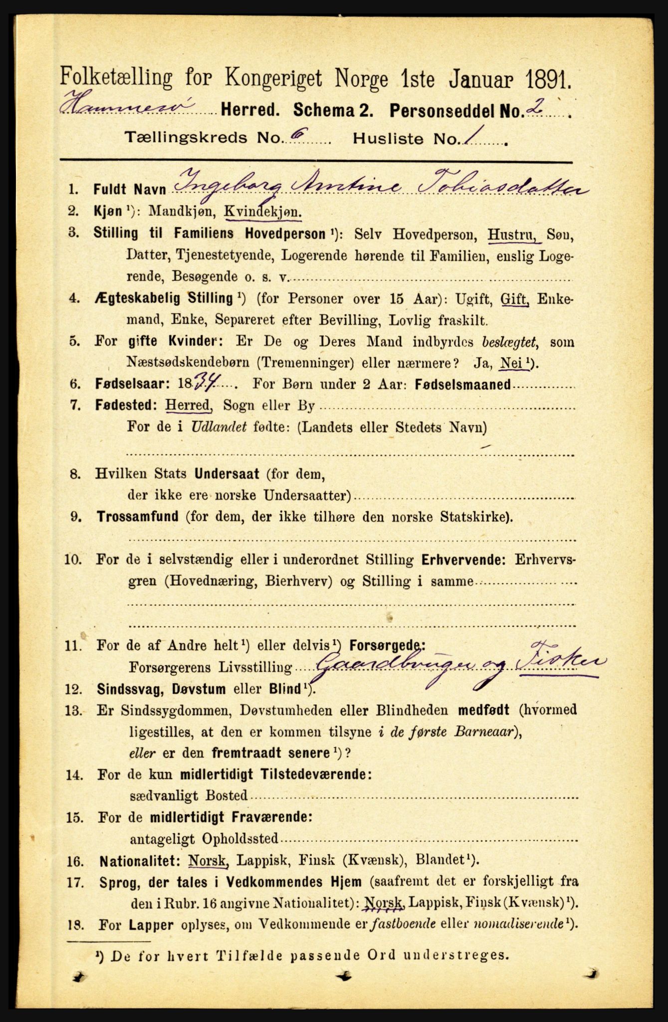 RA, 1891 census for 1849 Hamarøy, 1891, p. 3016