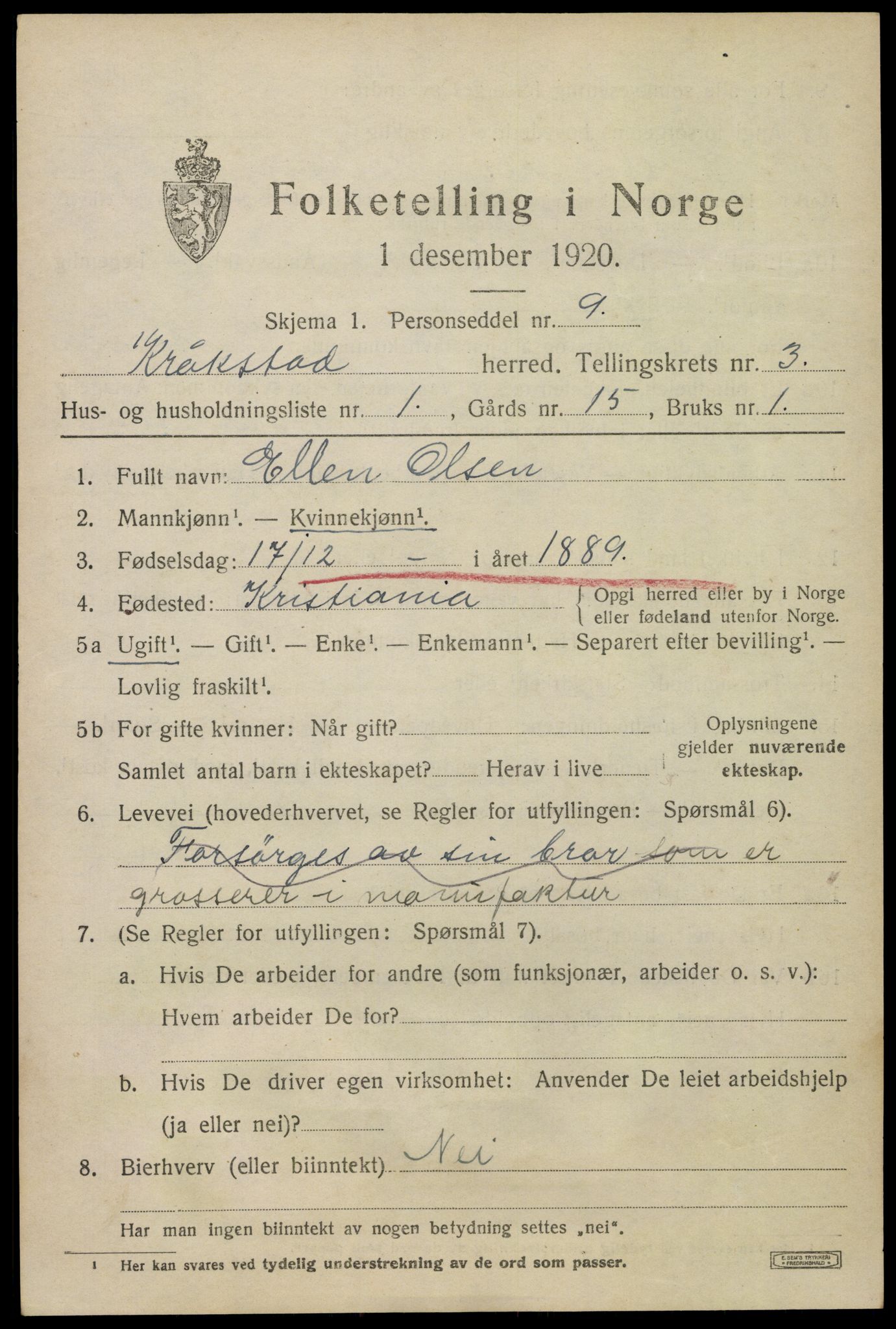 SAO, 1920 census for Kråkstad, 1920, p. 3373