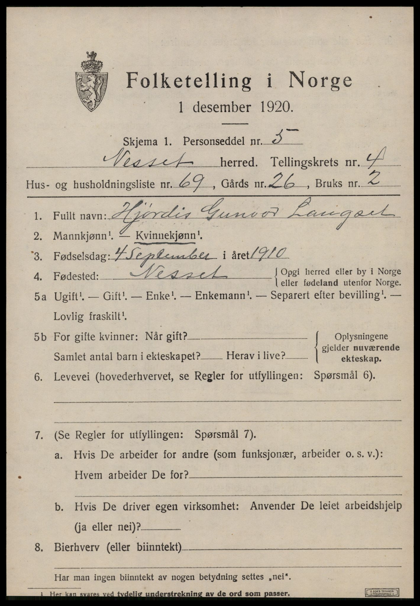 SAT, 1920 census for Nesset, 1920, p. 2204