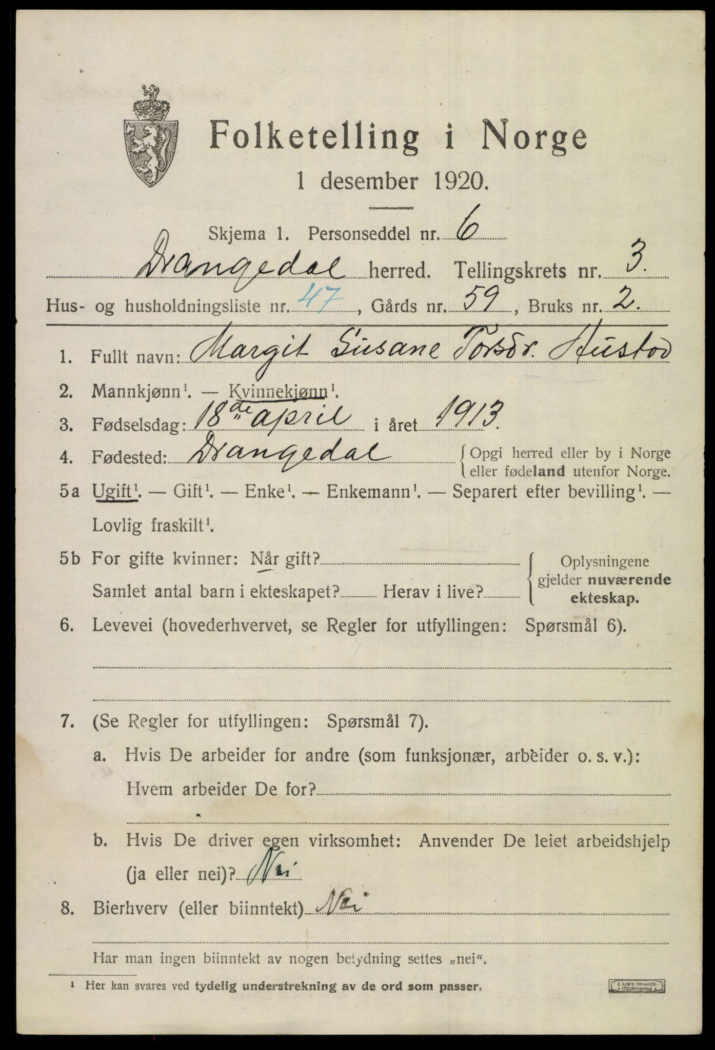 SAKO, 1920 census for Drangedal, 1920, p. 3137