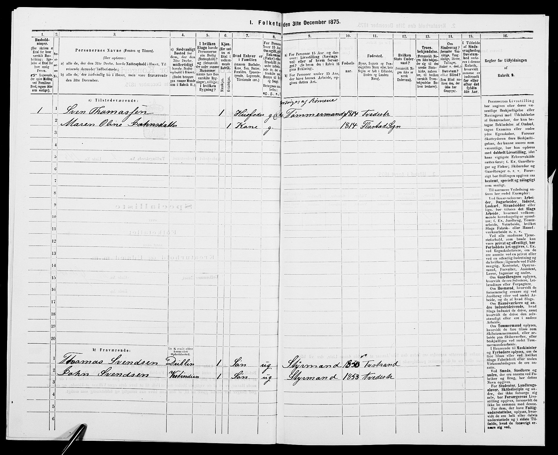SAK, 1875 census for 0902B Holt/Tvedestrand, 1875, p. 312