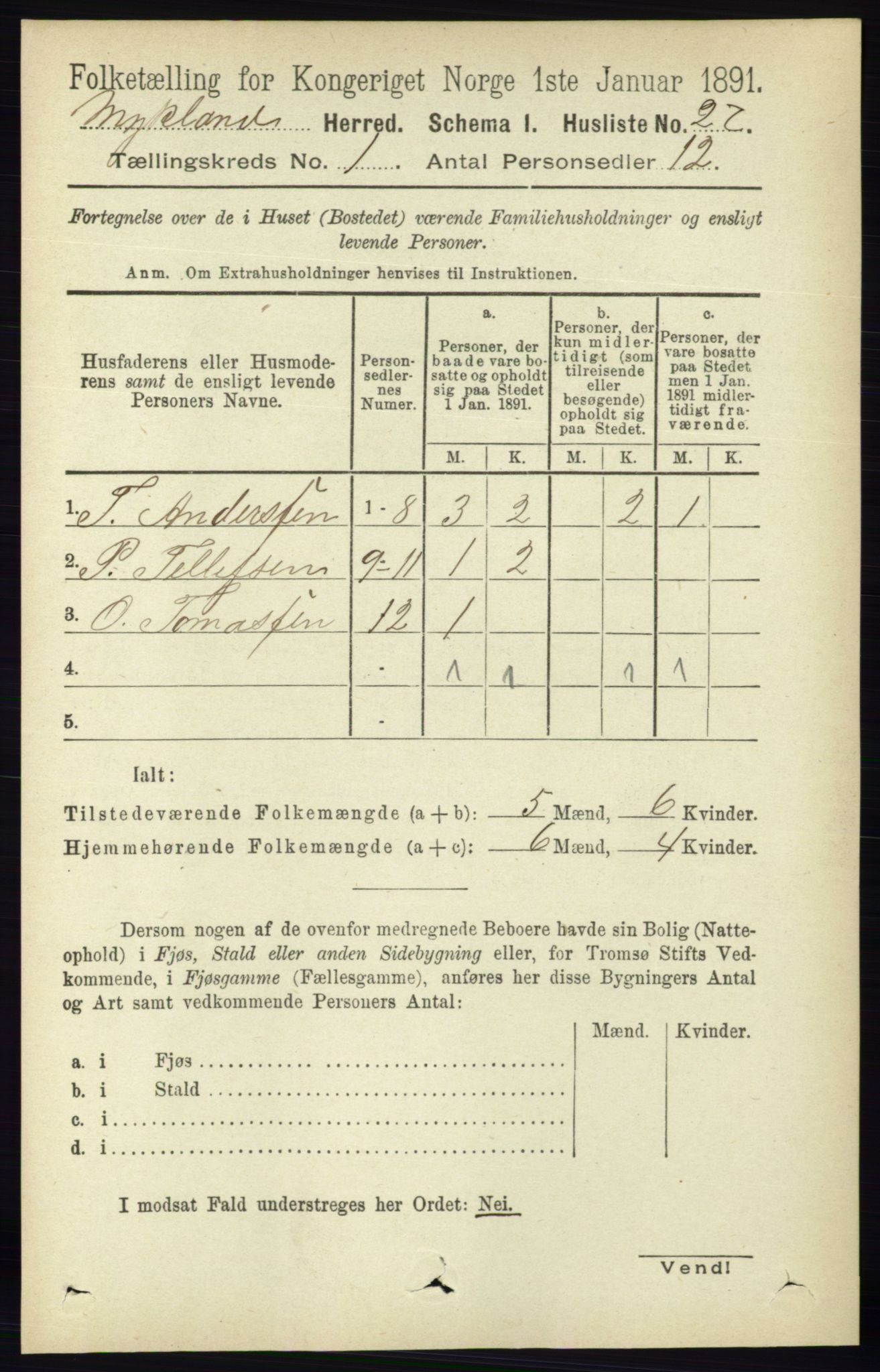 RA, 1891 census for 0932 Mykland, 1891, p. 38