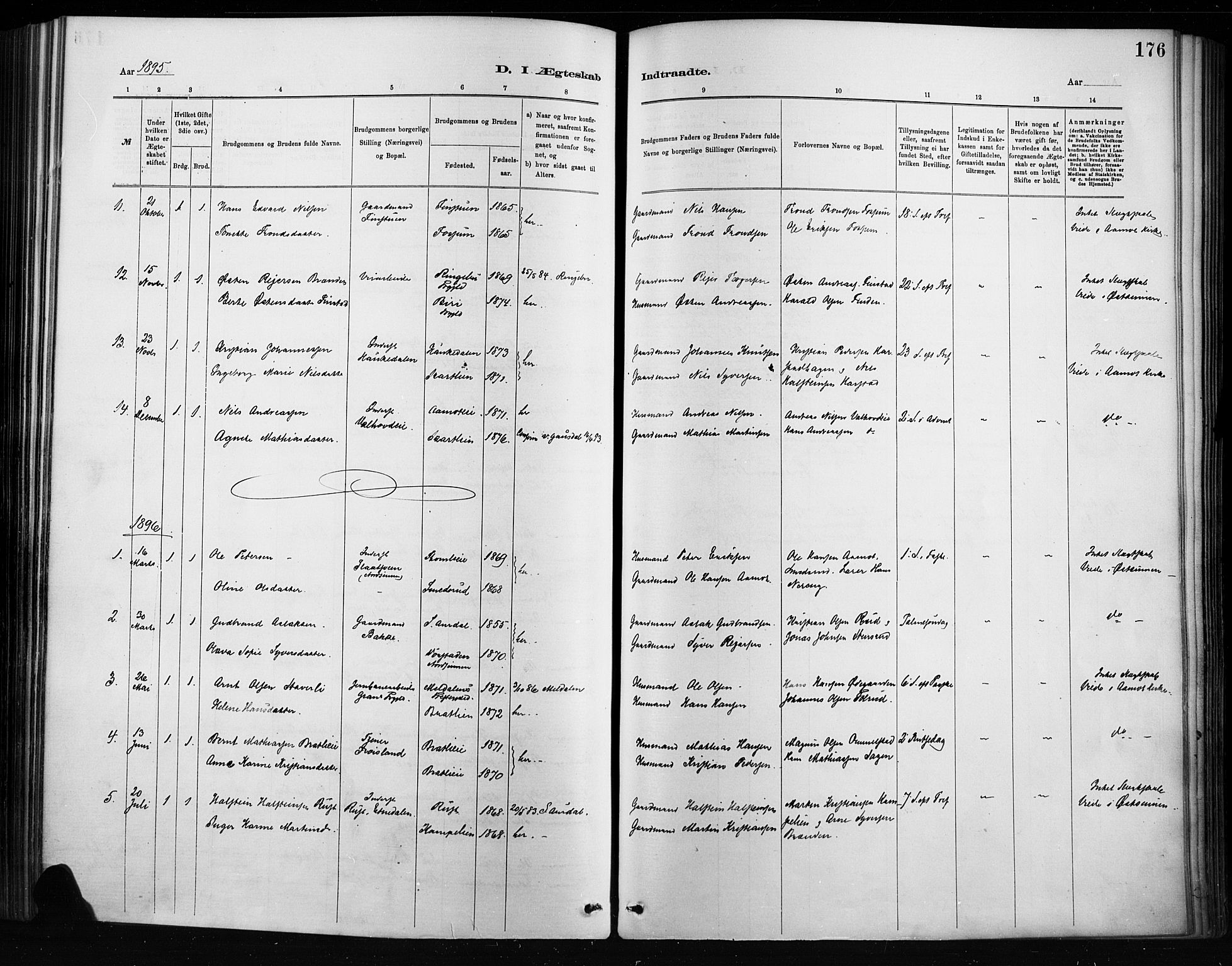 Nordre Land prestekontor, AV/SAH-PREST-124/H/Ha/Haa/L0004: Parish register (official) no. 4, 1882-1896, p. 176