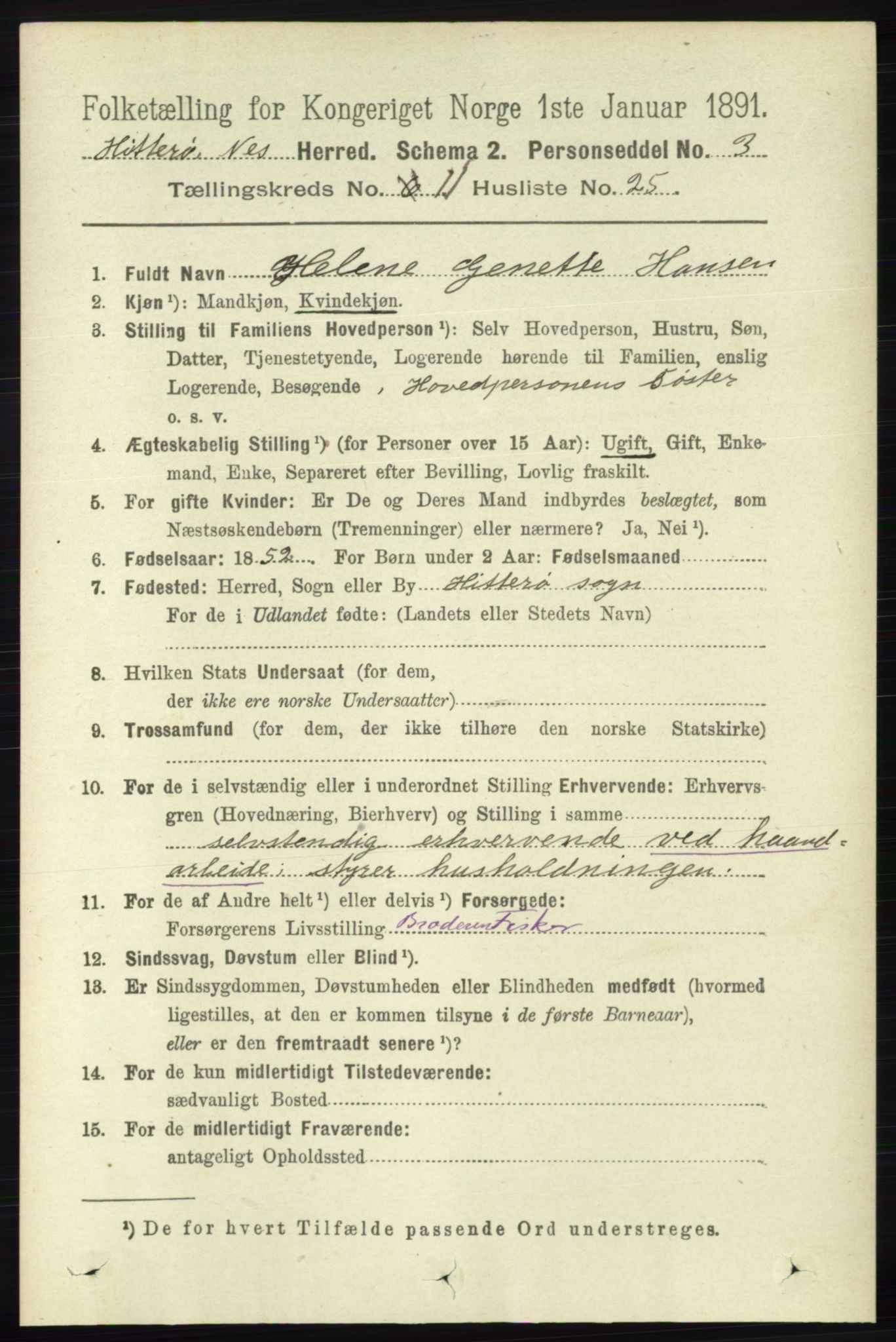 RA, 1891 census for 1043 Hidra og Nes, 1891, p. 4618