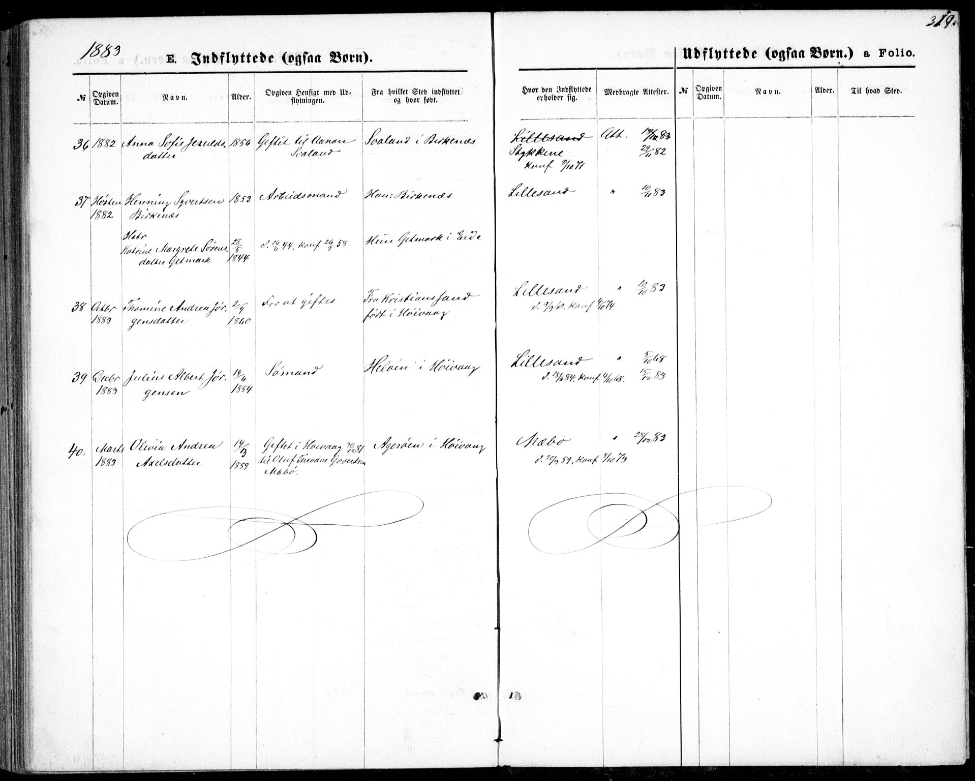 Vestre Moland sokneprestkontor, AV/SAK-1111-0046/F/Fb/Fbb/L0005: Parish register (copy) no. B 5, 1872-1883, p. 319