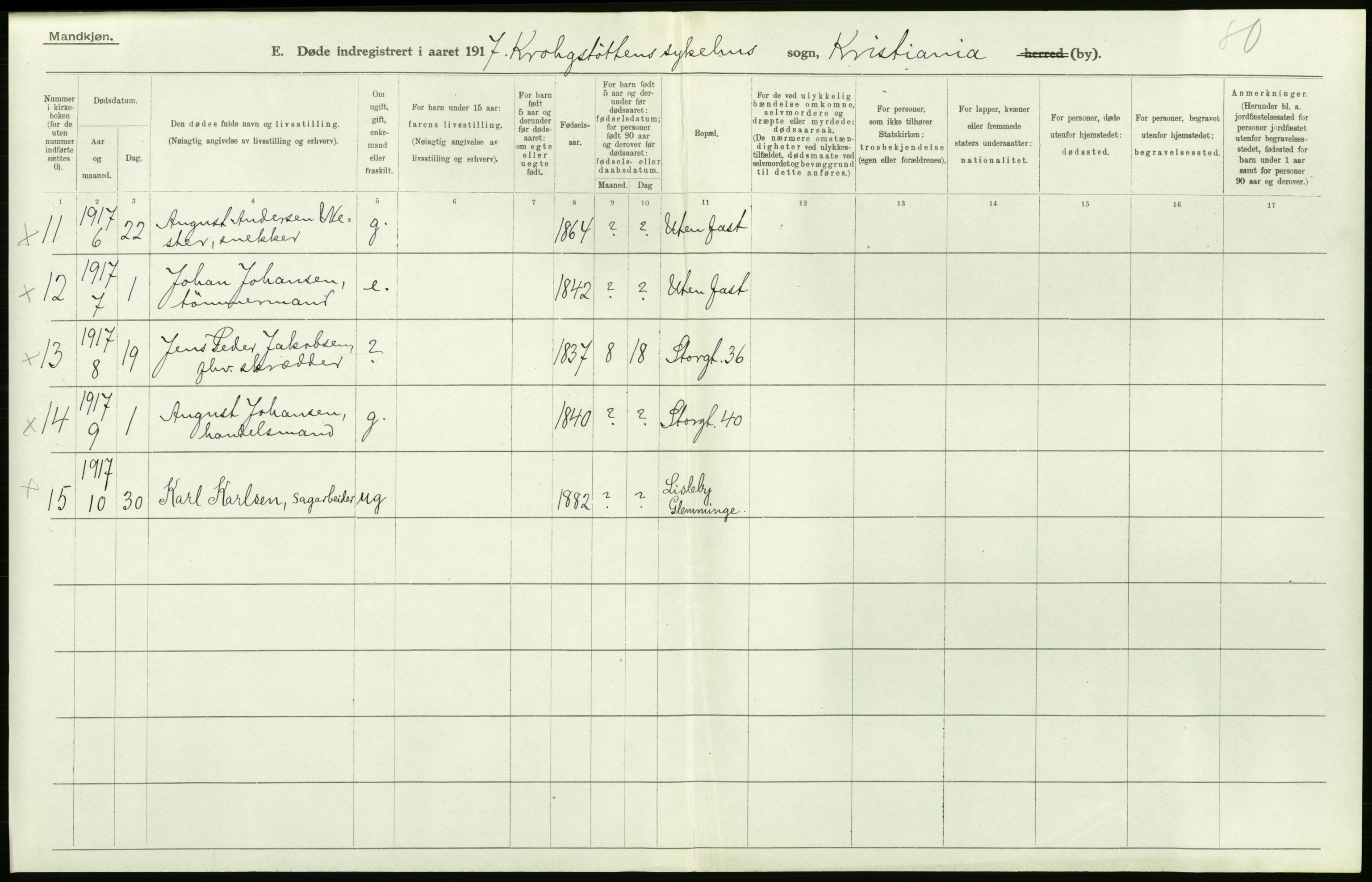 Statistisk sentralbyrå, Sosiodemografiske emner, Befolkning, RA/S-2228/D/Df/Dfb/Dfbg/L0011: Kristiania: Døde, dødfødte., 1917, p. 180