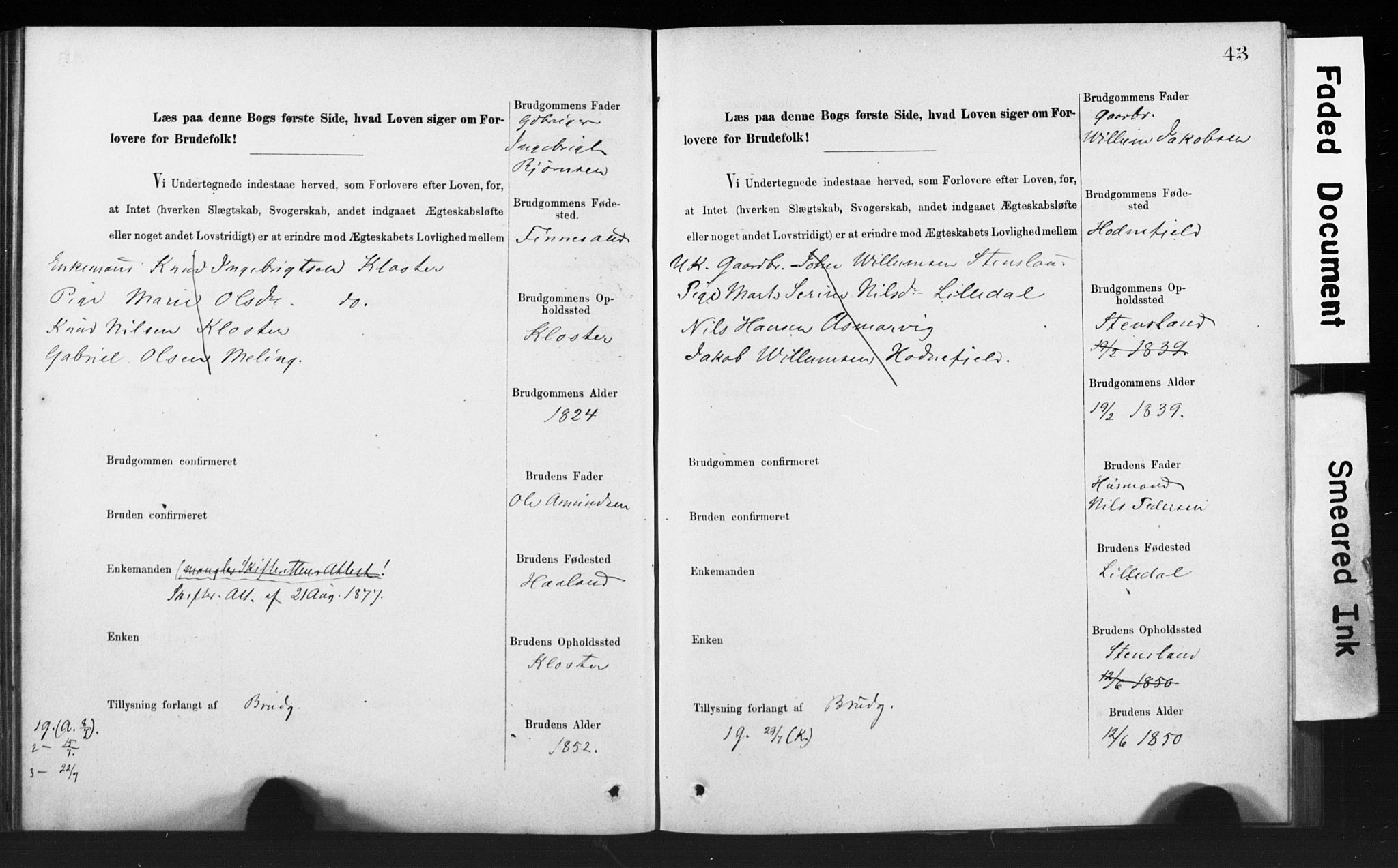 Rennesøy sokneprestkontor, SAST/A -101827/I/Ie/L0001: Banns register no. 1, 1873-1898, p. 43
