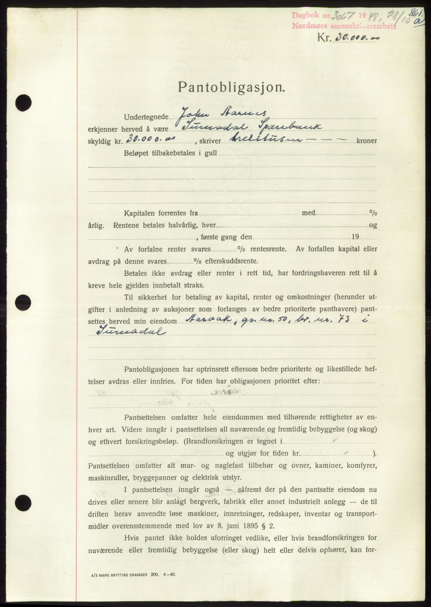 Nordmøre sorenskriveri, AV/SAT-A-4132/1/2/2Ca: Mortgage book no. B99, 1948-1948, Diary no: : 3067/1948