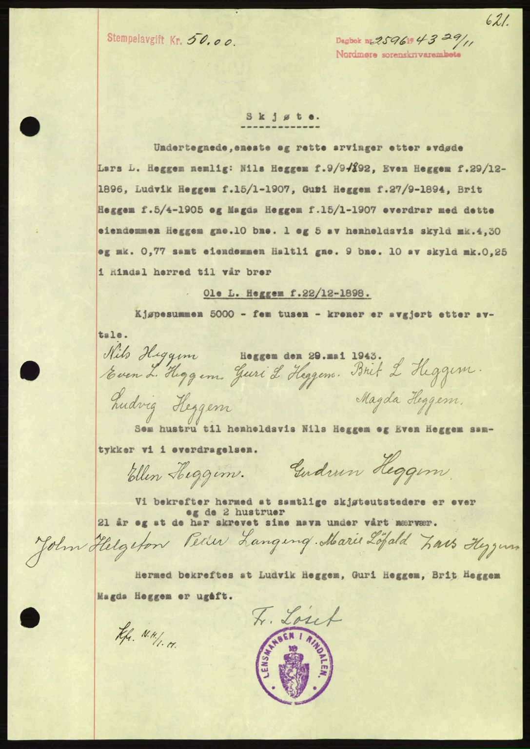 Nordmøre sorenskriveri, SAT/A-4132/1/2/2Ca: Mortgage book no. A96, 1943-1944, Diary no: : 2596/1943