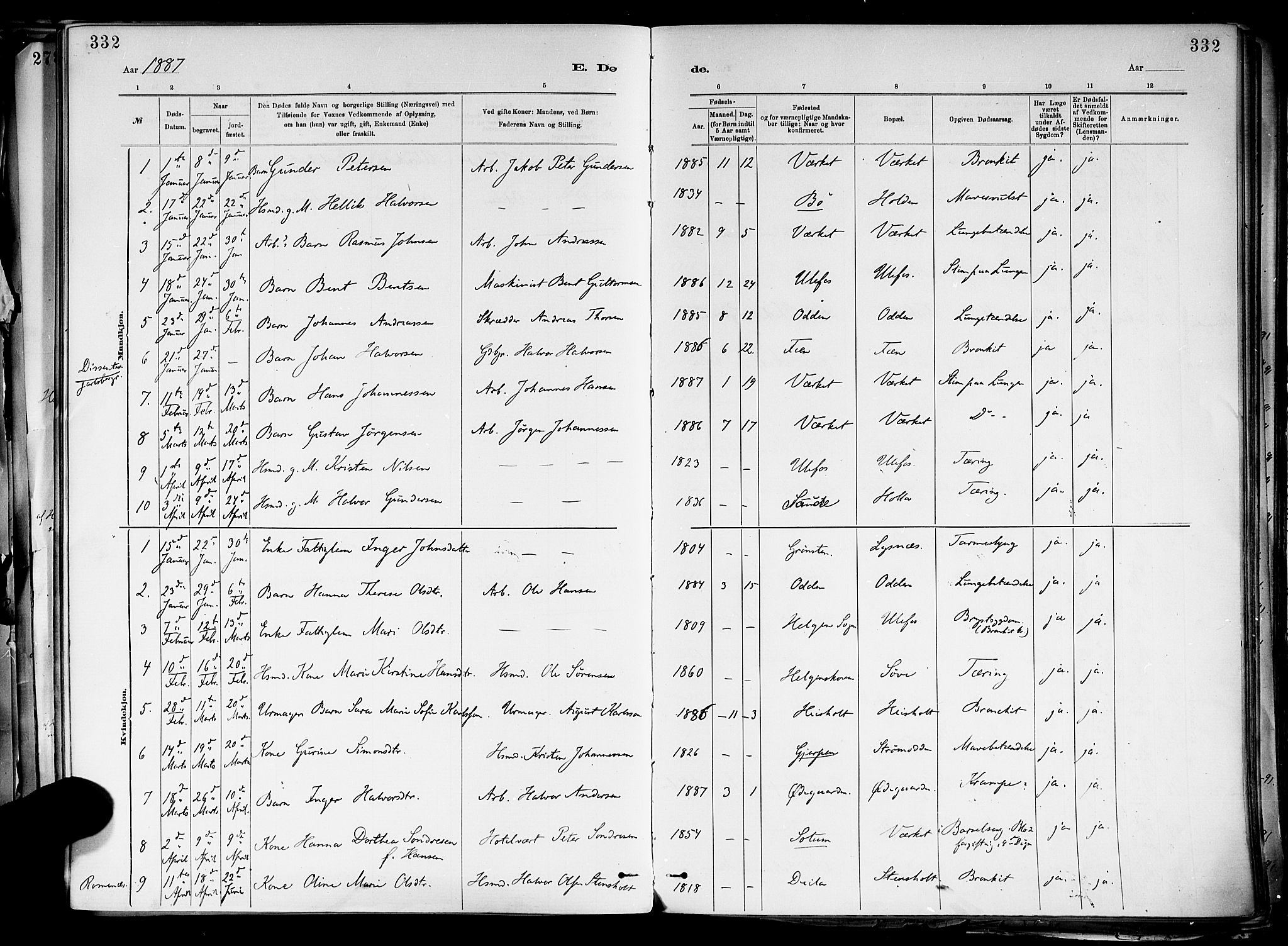 Holla kirkebøker, AV/SAKO-A-272/F/Fa/L0008: Parish register (official) no. 8, 1882-1897, p. 332