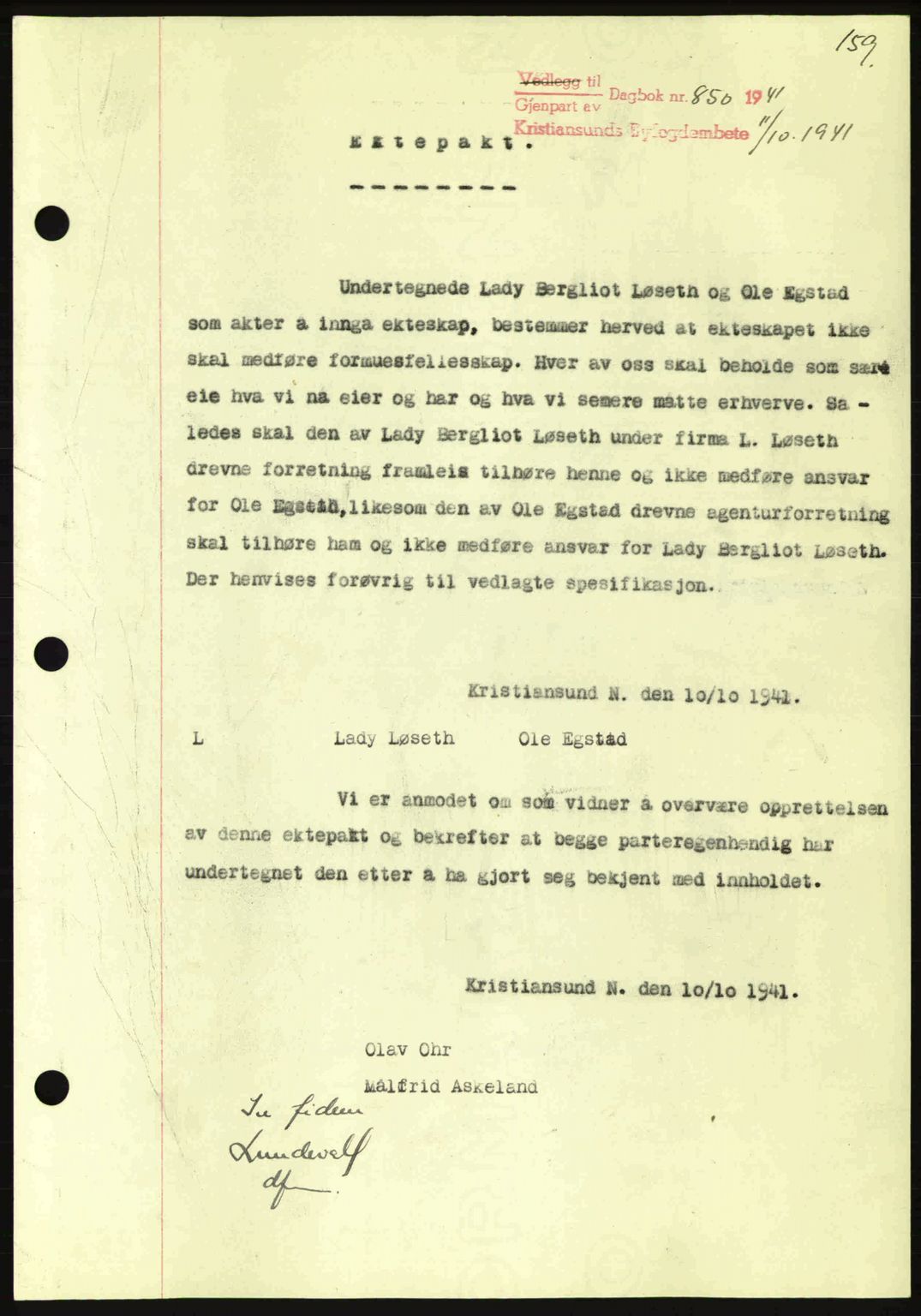 Kristiansund byfogd, AV/SAT-A-4587/A/27: Mortgage book no. 35, 1941-1942, Diary no: : 850/1941