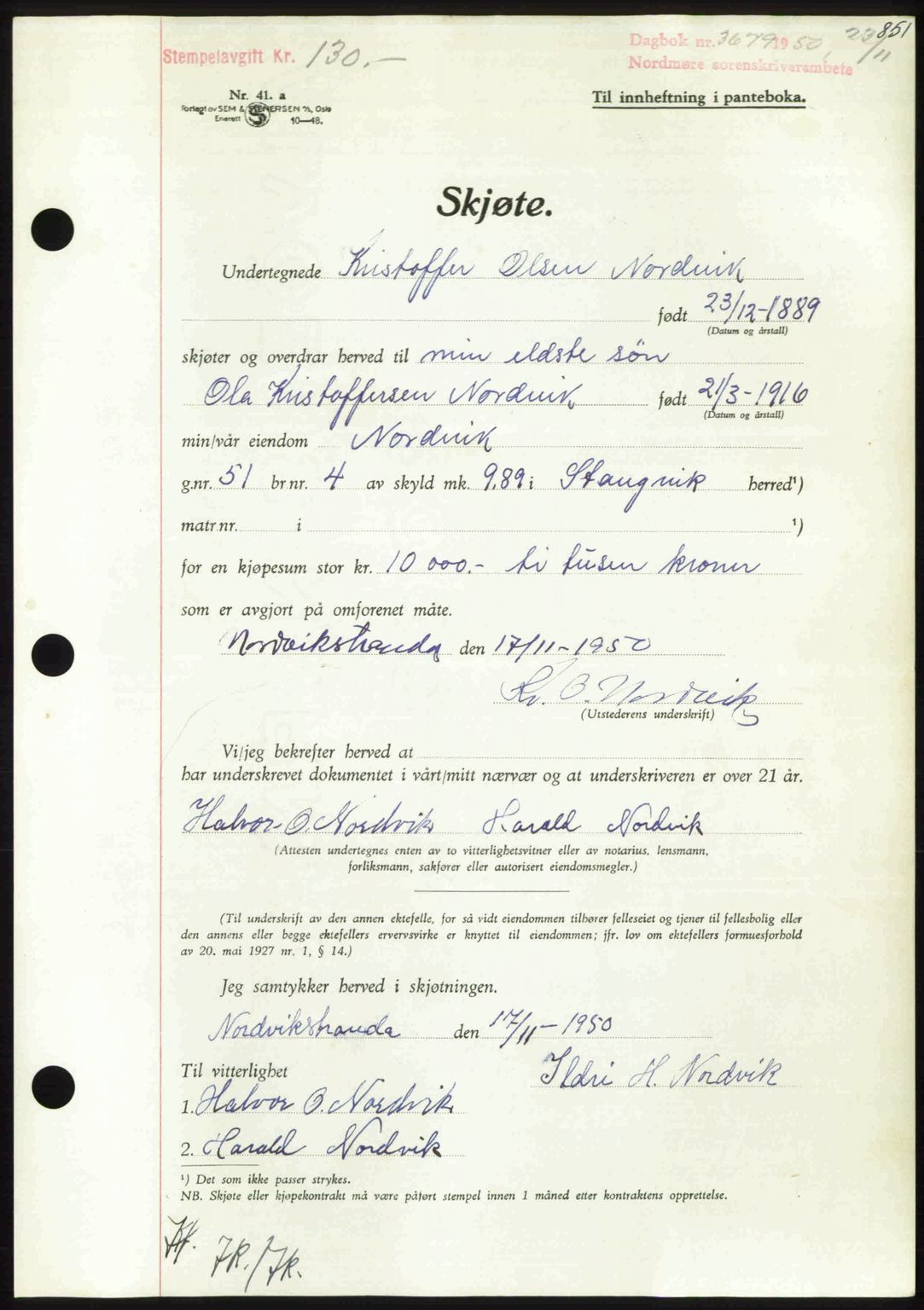 Nordmøre sorenskriveri, AV/SAT-A-4132/1/2/2Ca: Mortgage book no. A116, 1950-1950, Diary no: : 3679/1950