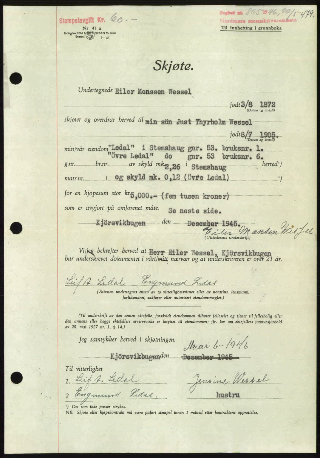 Nordmøre sorenskriveri, AV/SAT-A-4132/1/2/2Ca: Mortgage book no. A101, 1946-1946, Diary no: : 865/1946