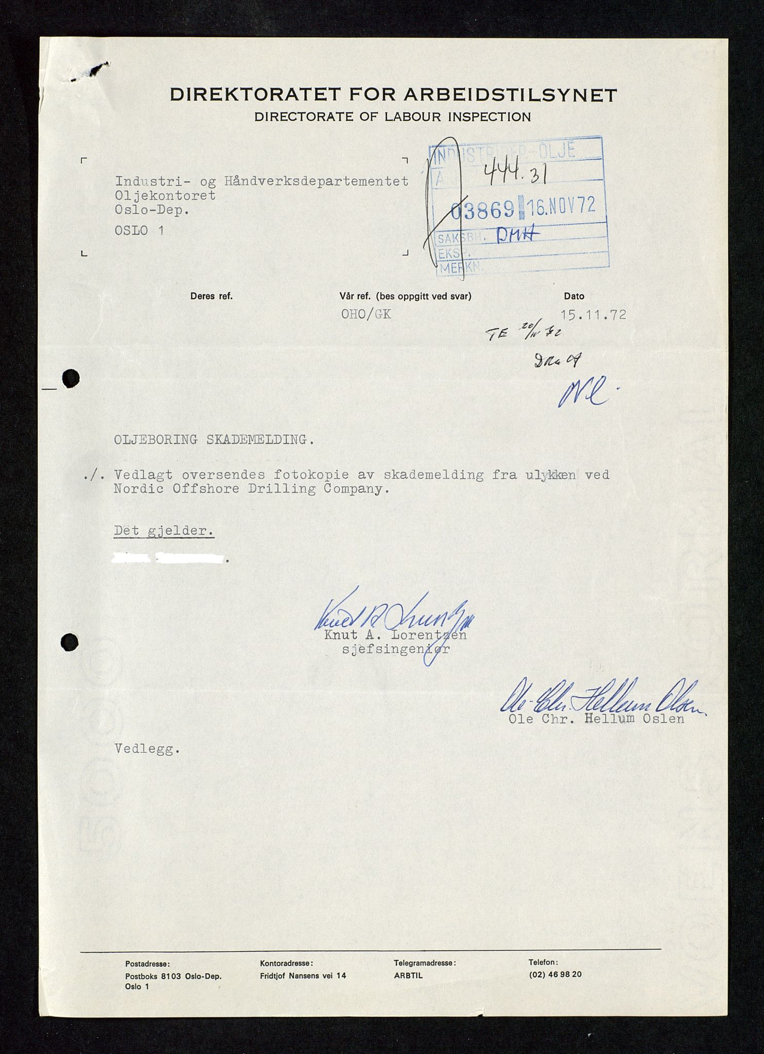 Industridepartementet, Oljekontoret, AV/SAST-A-101348/Da/L0012: Arkivnøkkel 798 Helikopter, luftfart, telekommunikasjon og skademeldinger/ulykker, 1966-1972, p. 413