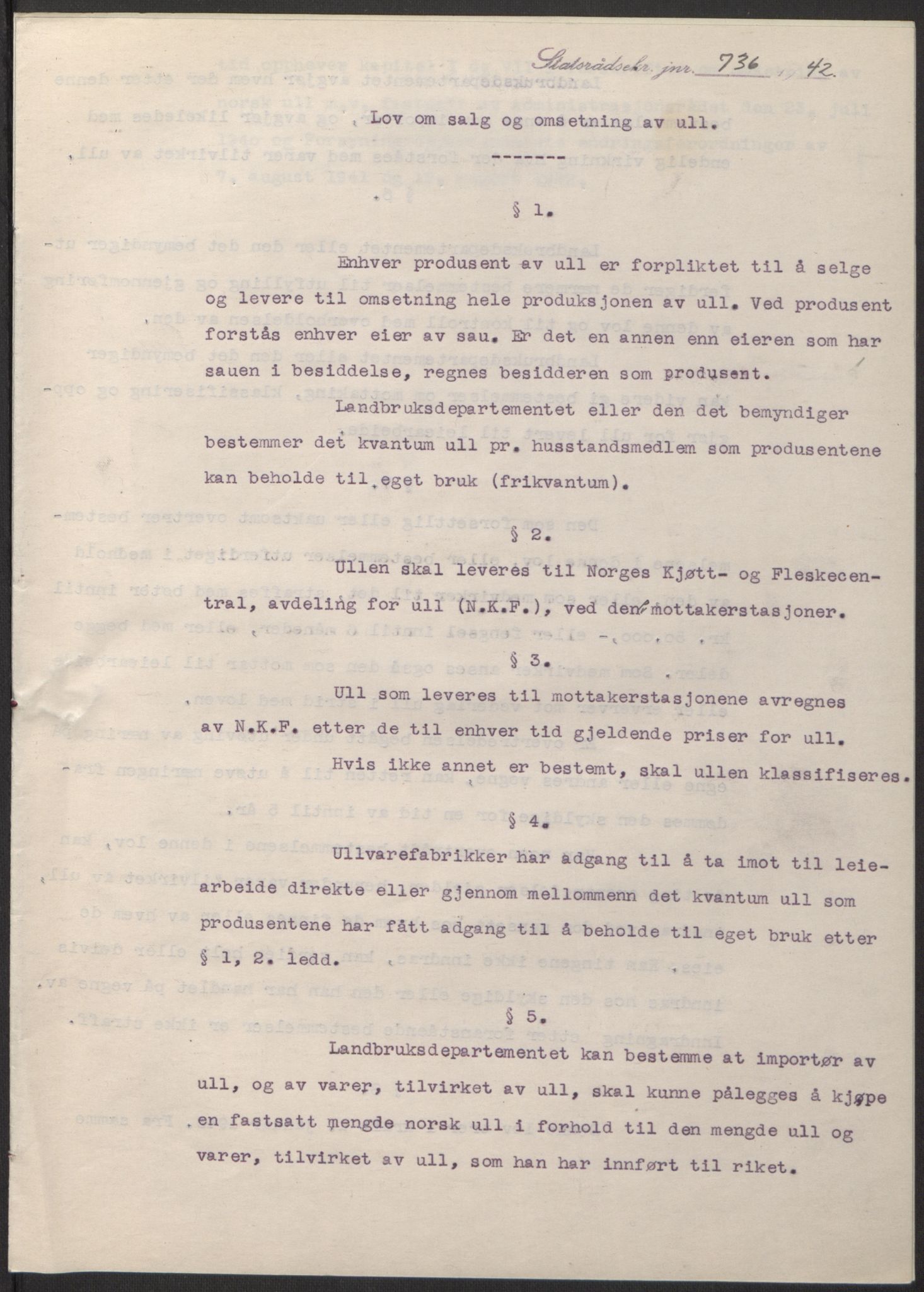 NS-administrasjonen 1940-1945 (Statsrådsekretariatet, de kommisariske statsråder mm), AV/RA-S-4279/D/Db/L0098: Lover II, 1942, p. 485