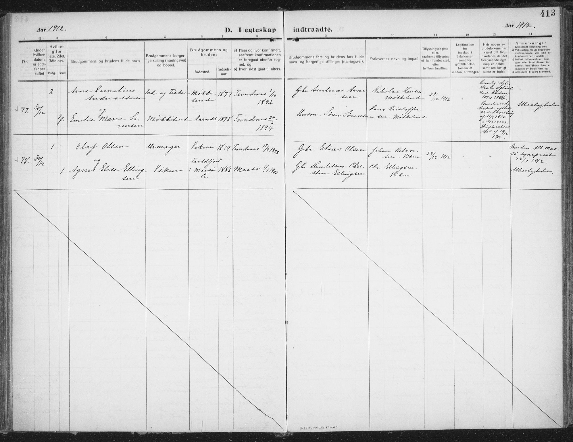 Trondenes sokneprestkontor, AV/SATØ-S-1319/H/Ha/L0018kirke: Parish register (official) no. 18, 1909-1918, p. 413