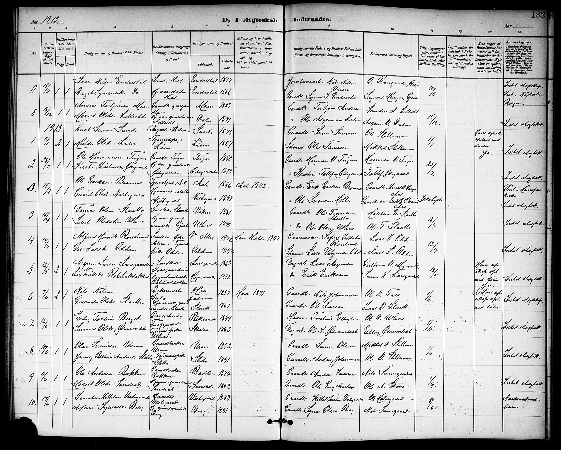 Hol kirkebøker, SAKO/A-227/G/Ga/L0001: Parish register (copy) no. I 1, 1900-1919, p. 182