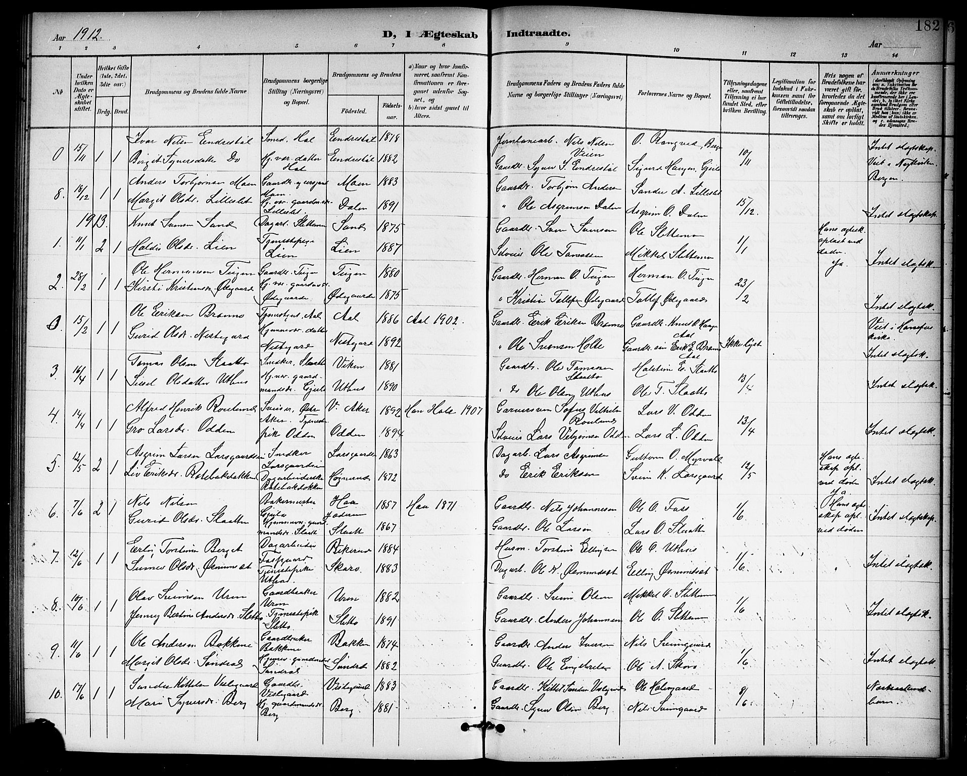 Hol kirkebøker, AV/SAKO-A-227/G/Ga/L0001: Parish register (copy) no. I 1, 1900-1919, p. 182