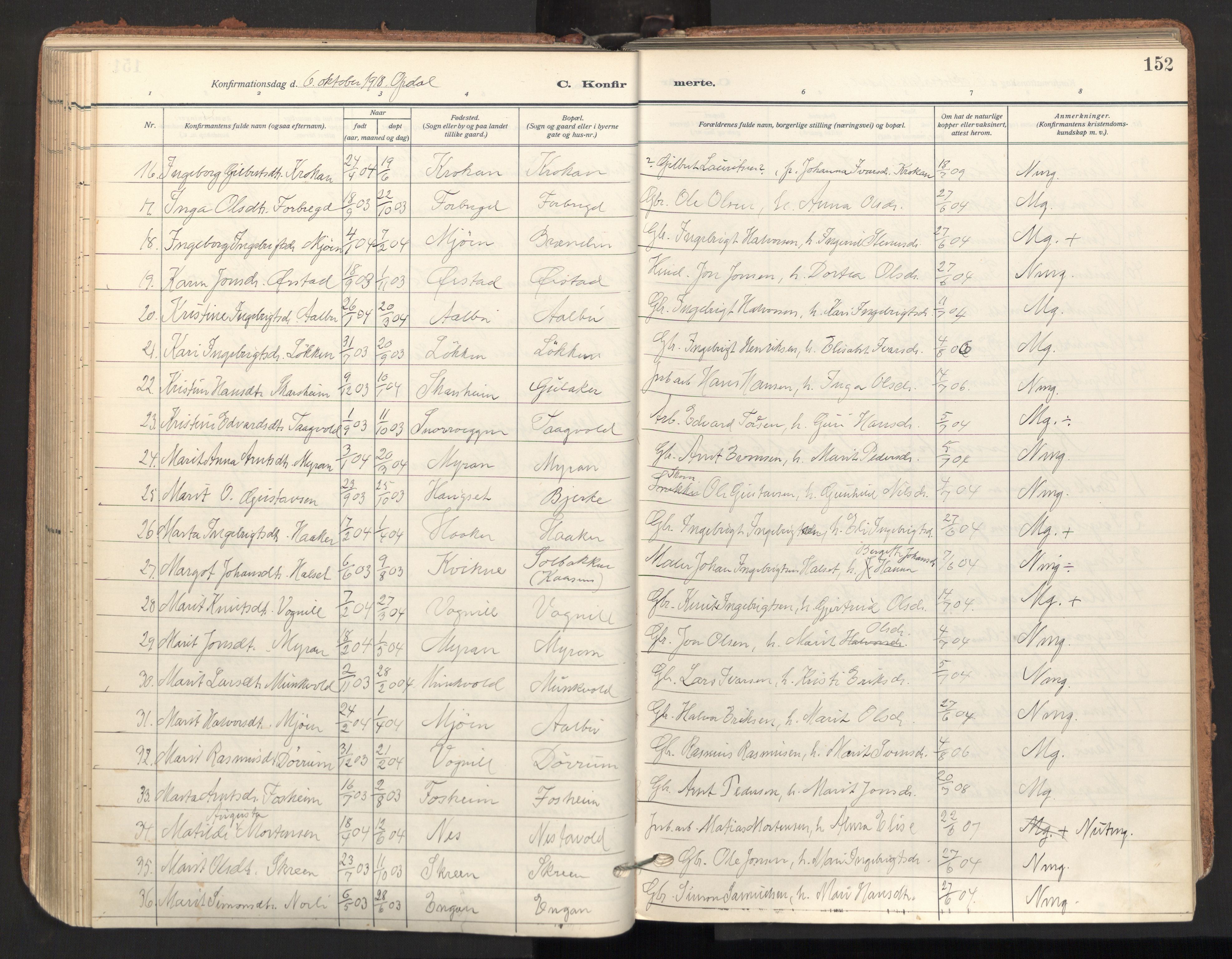 Ministerialprotokoller, klokkerbøker og fødselsregistre - Sør-Trøndelag, SAT/A-1456/678/L0909: Parish register (official) no. 678A17, 1912-1930, p. 152