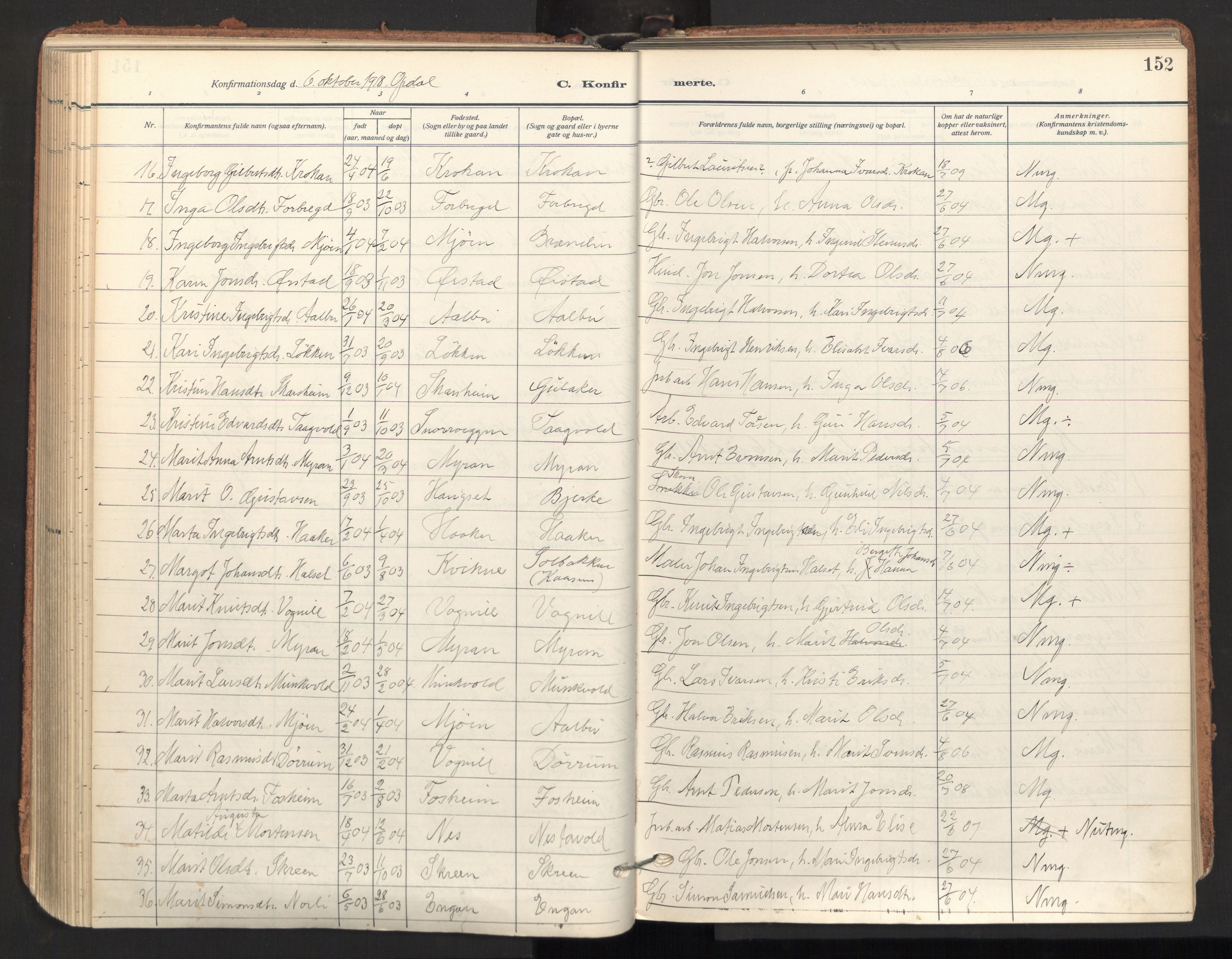 Ministerialprotokoller, klokkerbøker og fødselsregistre - Sør-Trøndelag, AV/SAT-A-1456/678/L0909: Parish register (official) no. 678A17, 1912-1930, p. 152