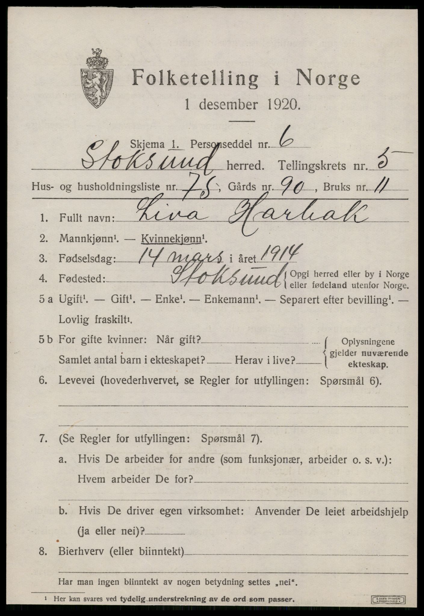 SAT, 1920 census for Stoksund, 1920, p. 3422