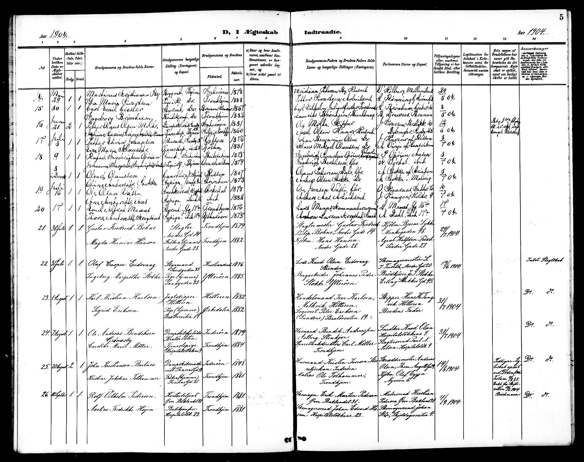 Ministerialprotokoller, klokkerbøker og fødselsregistre - Sør-Trøndelag, SAT/A-1456/602/L0145: Parish register (copy) no. 602C13, 1902-1919, p. 5