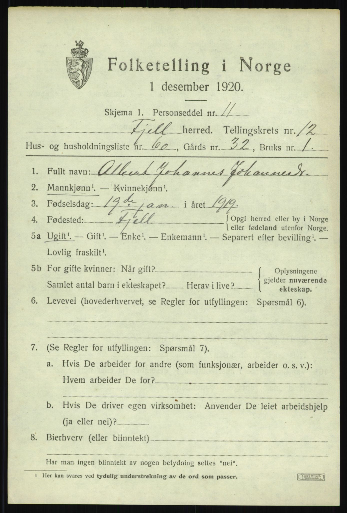 SAB, 1920 census for Fjell, 1920, p. 11568