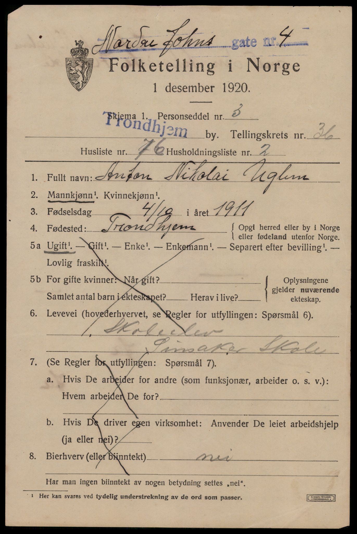 SAT, 1920 census for Trondheim, 1920, p. 84526