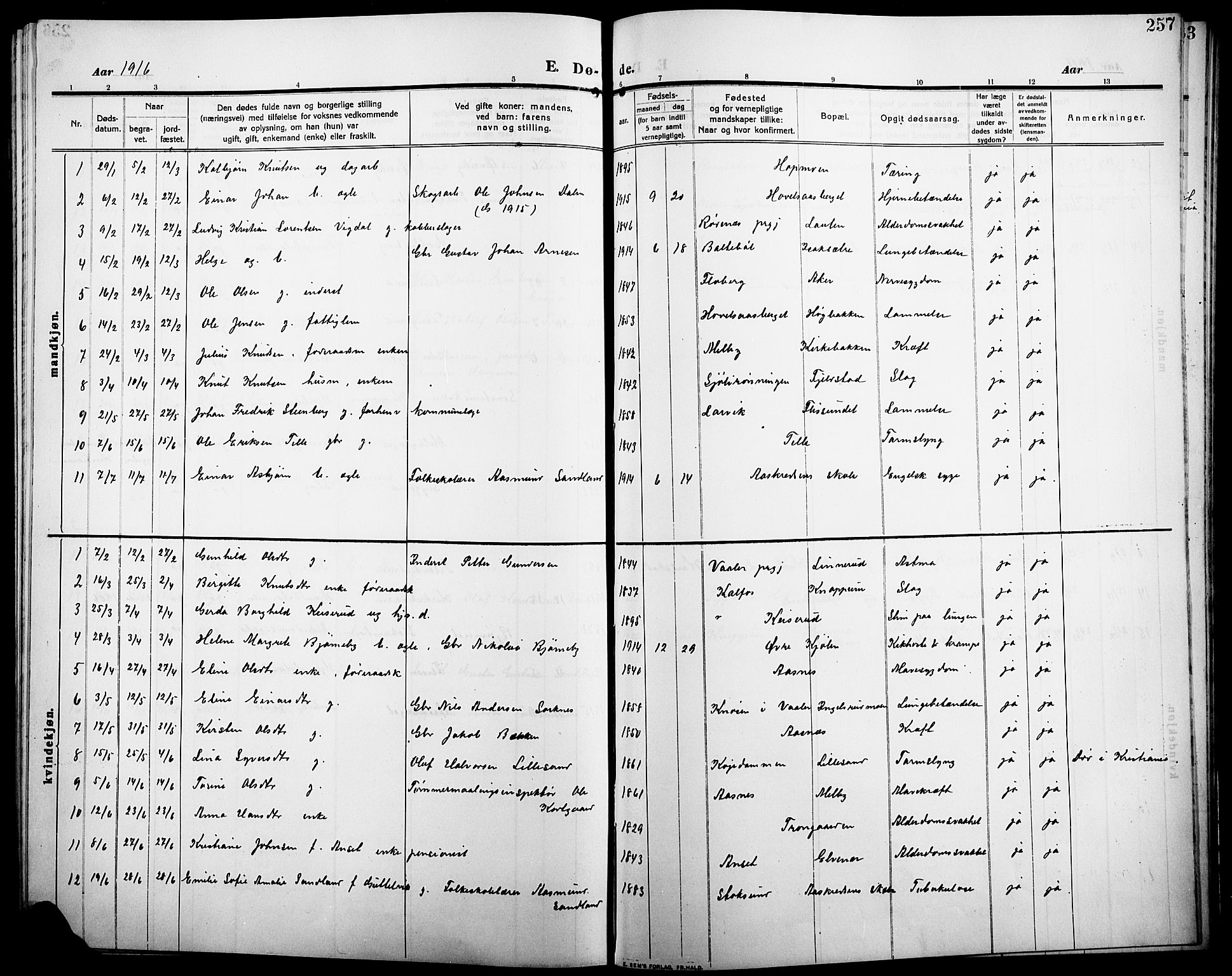 Åsnes prestekontor, AV/SAH-PREST-042/H/Ha/Hab/L0007: Parish register (copy) no. 7, 1909-1926, p. 257