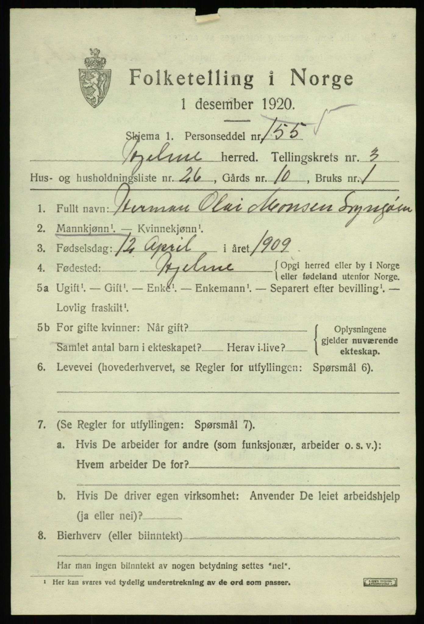 SAB, 1920 census for Hjelme, 1920, p. 2244