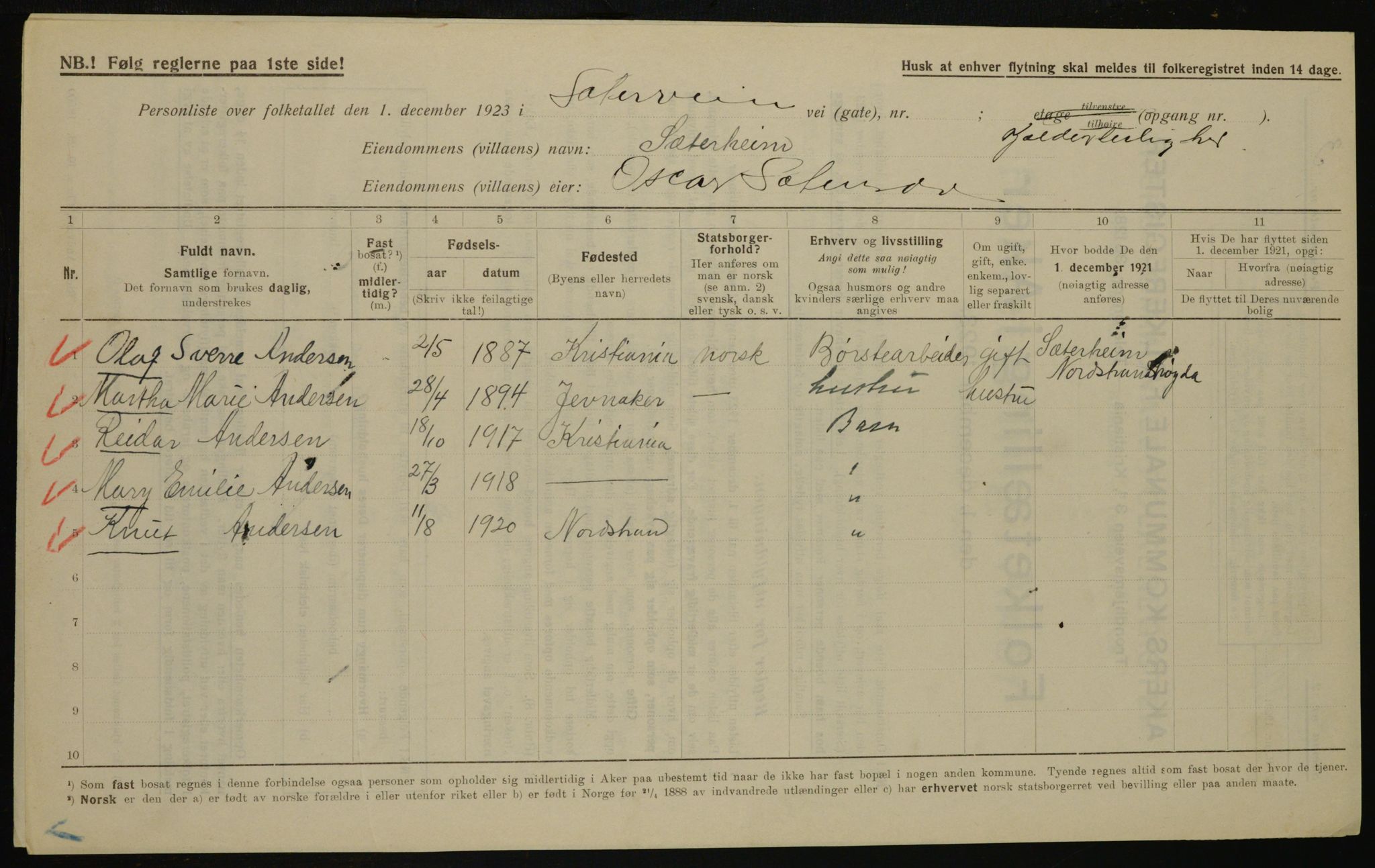 , Municipal Census 1923 for Aker, 1923, p. 46367