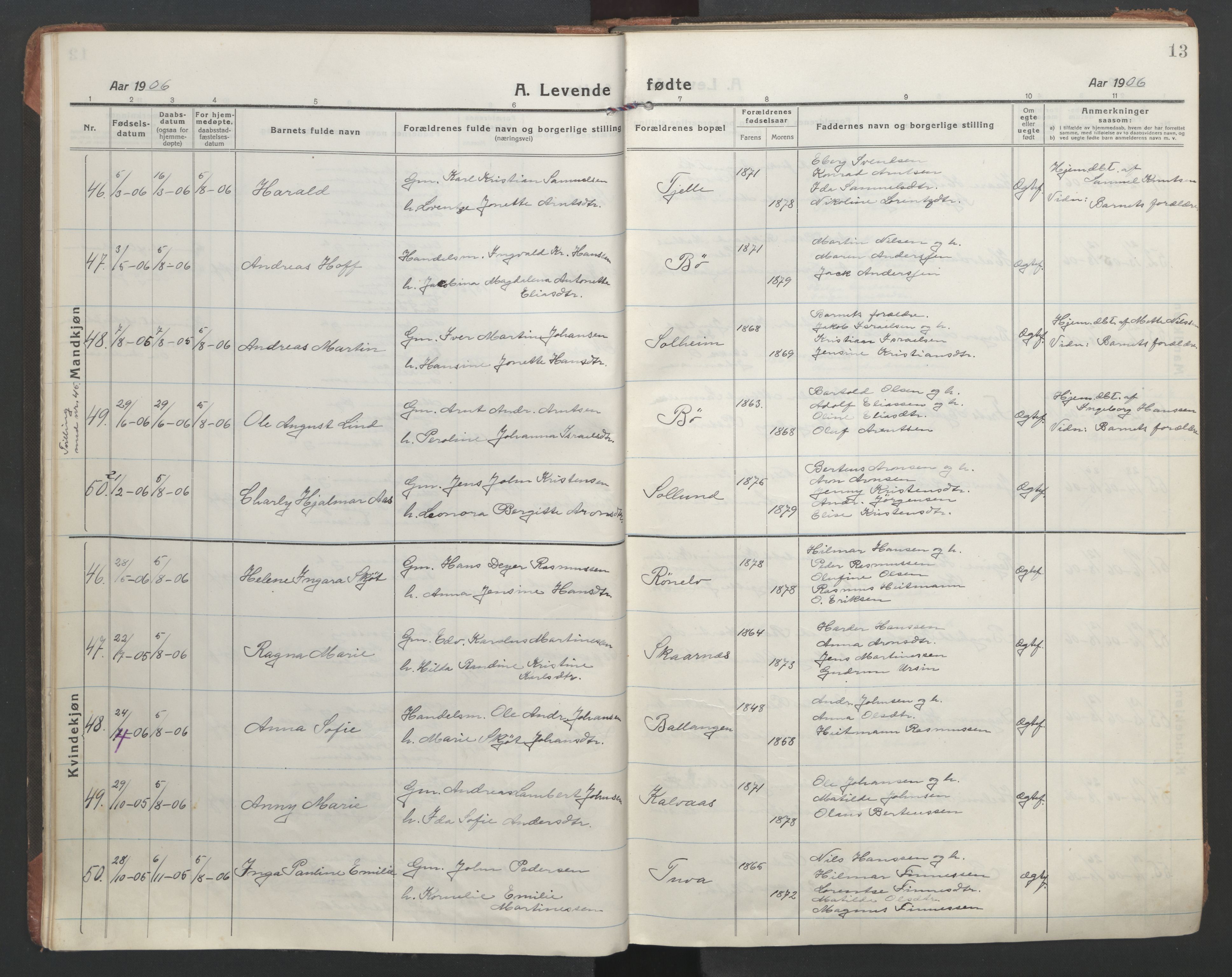 Ministerialprotokoller, klokkerbøker og fødselsregistre - Nordland, AV/SAT-A-1459/863/L0900: Parish register (official) no. 863A12, 1906-1915, p. 13