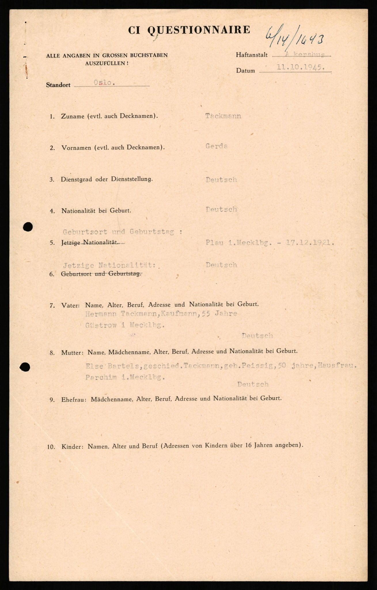 Forsvaret, Forsvarets overkommando II, AV/RA-RAFA-3915/D/Db/L0033: CI Questionaires. Tyske okkupasjonsstyrker i Norge. Tyskere., 1945-1946, p. 373