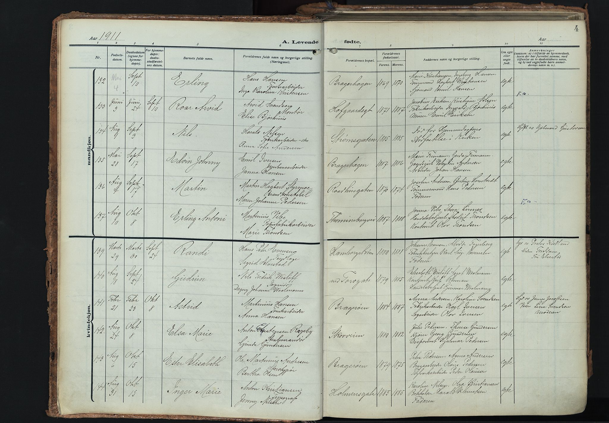 Bragernes kirkebøker, AV/SAKO-A-6/F/Fb/L0010: Parish register (official) no. II 10, 1911-1922, p. 4