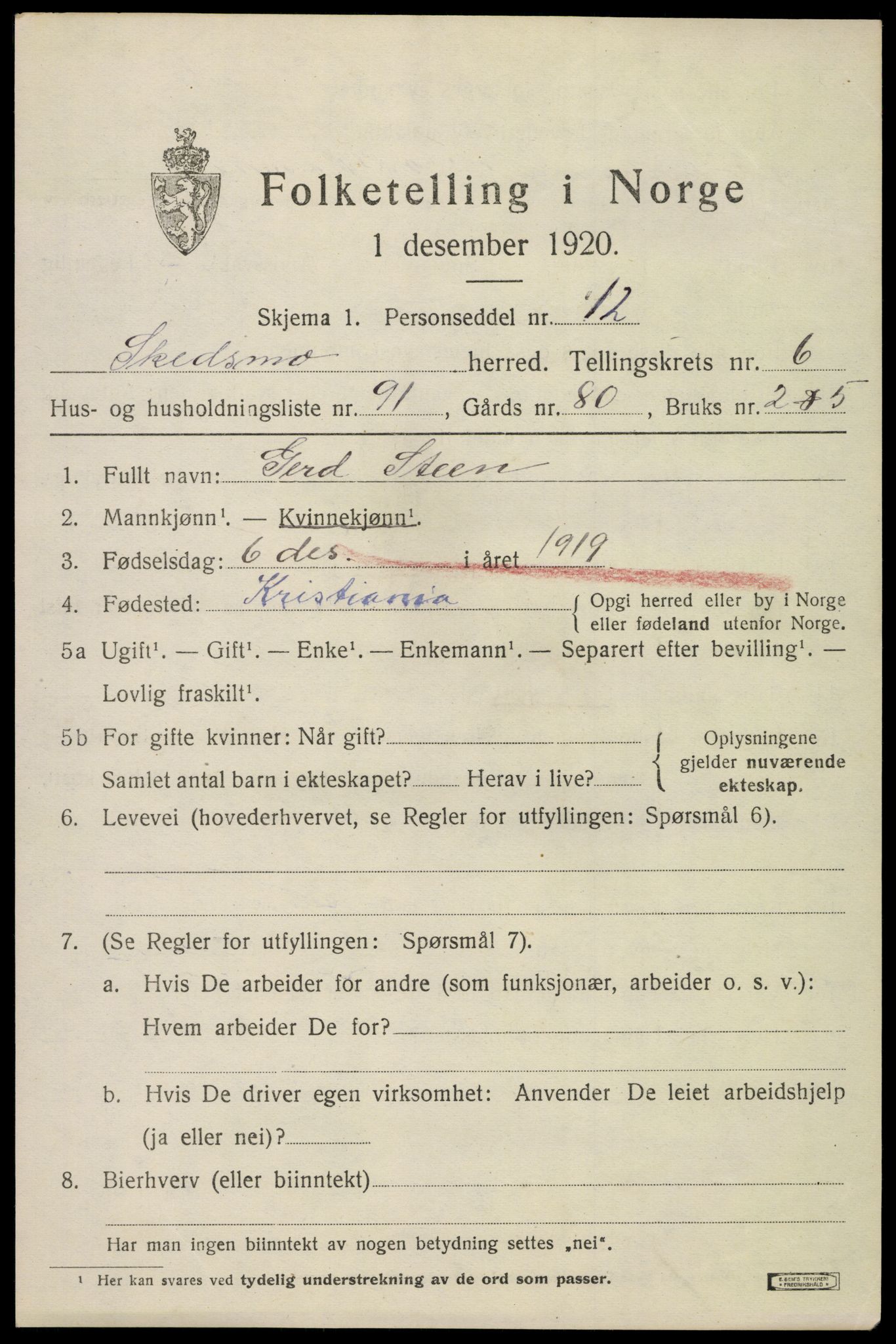 SAO, 1920 census for Skedsmo, 1920, p. 7183