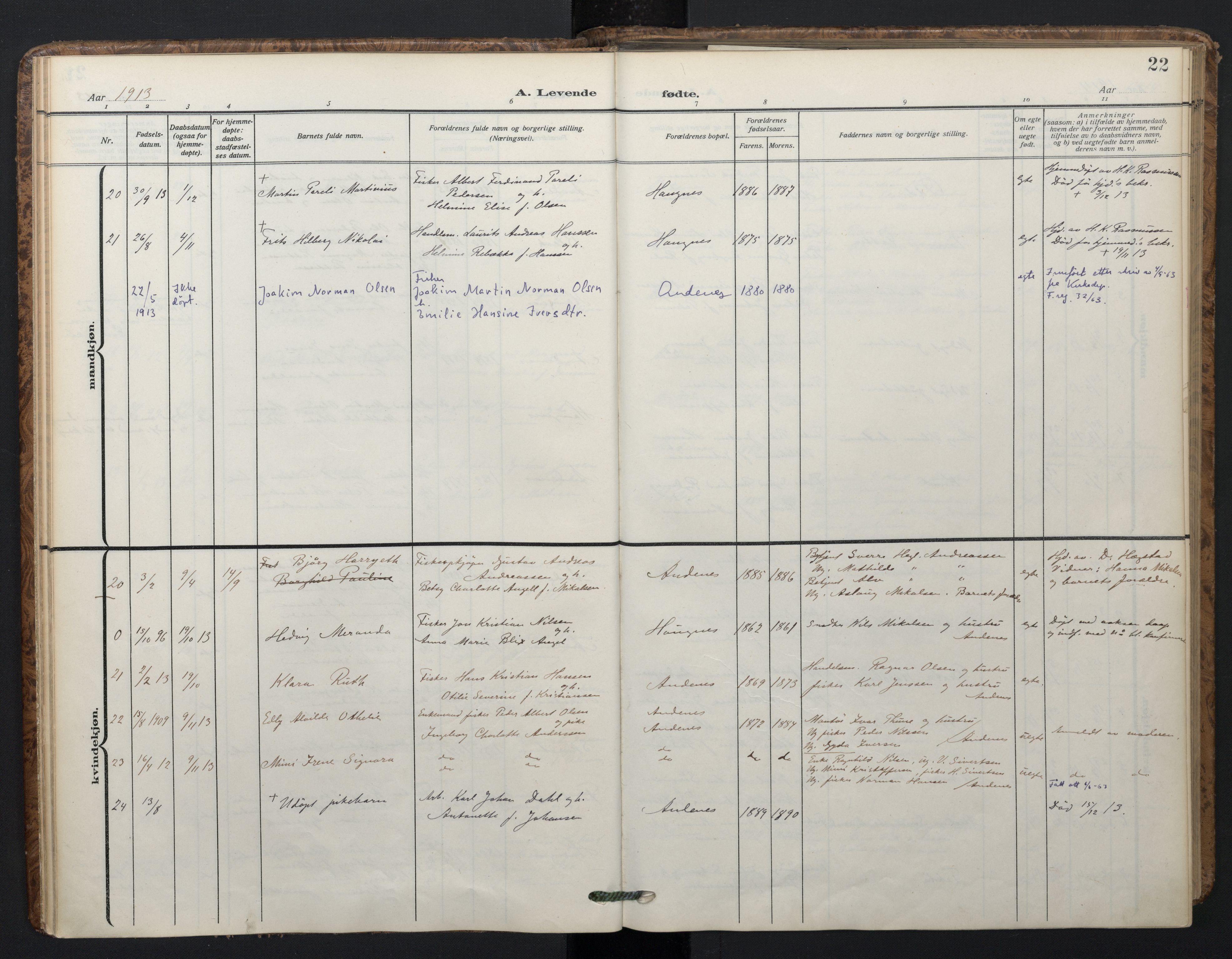 Ministerialprotokoller, klokkerbøker og fødselsregistre - Nordland, SAT/A-1459/899/L1438: Parish register (official) no. 899A06, 1909-1922, p. 22