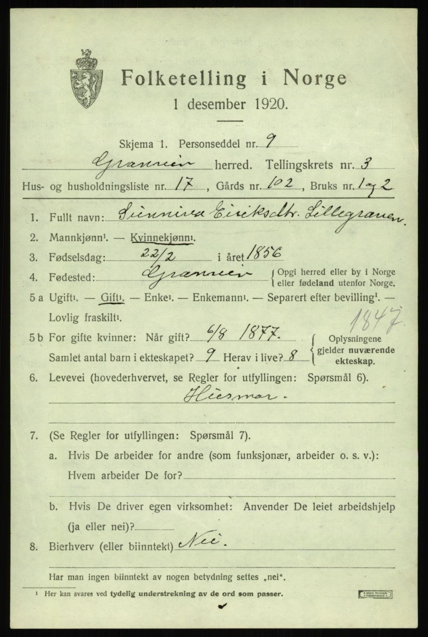 SAB, 1920 census for Granvin, 1920, p. 1330