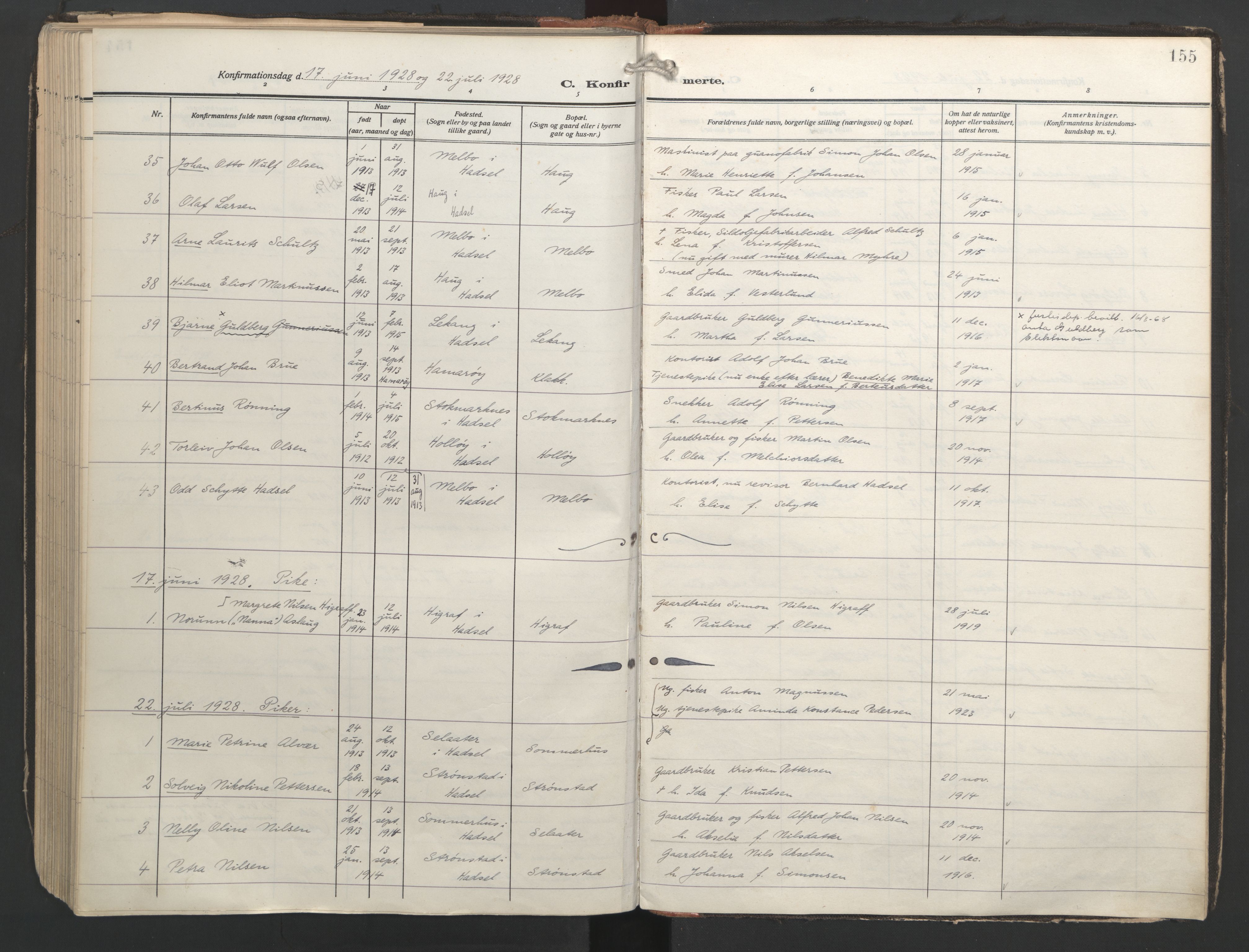 Ministerialprotokoller, klokkerbøker og fødselsregistre - Nordland, SAT/A-1459/888/L1249: Parish register (official) no. 888A15, 1911-1929, p. 155