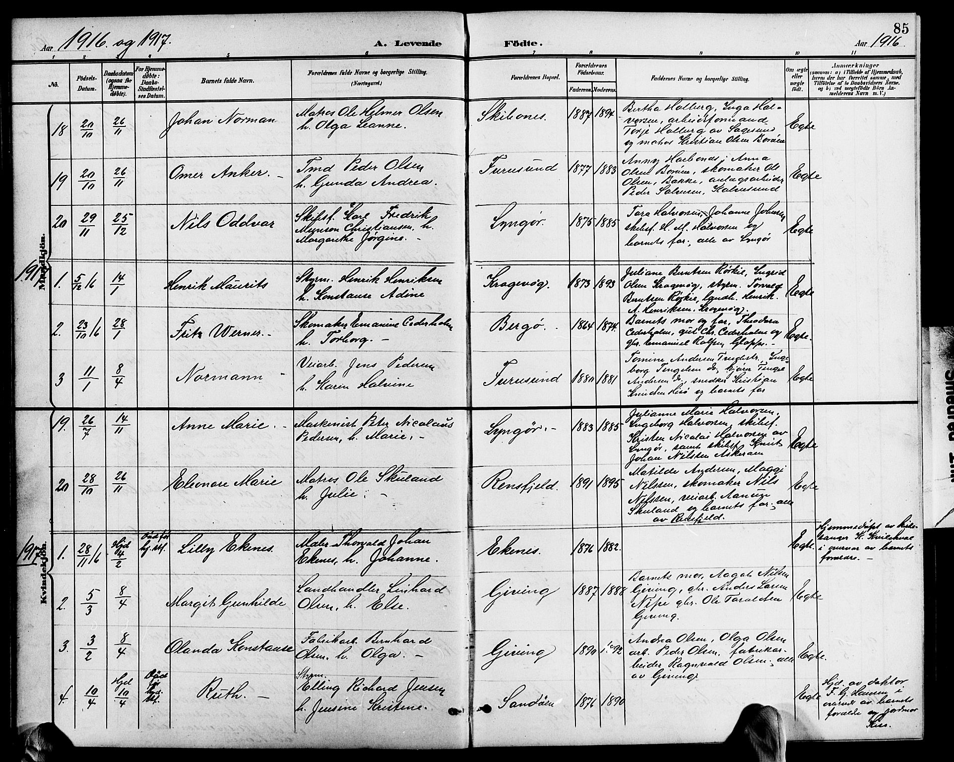 Dypvåg sokneprestkontor, AV/SAK-1111-0007/F/Fb/Fba/L0014: Parish register (copy) no. B 14, 1901-1922, p. 85