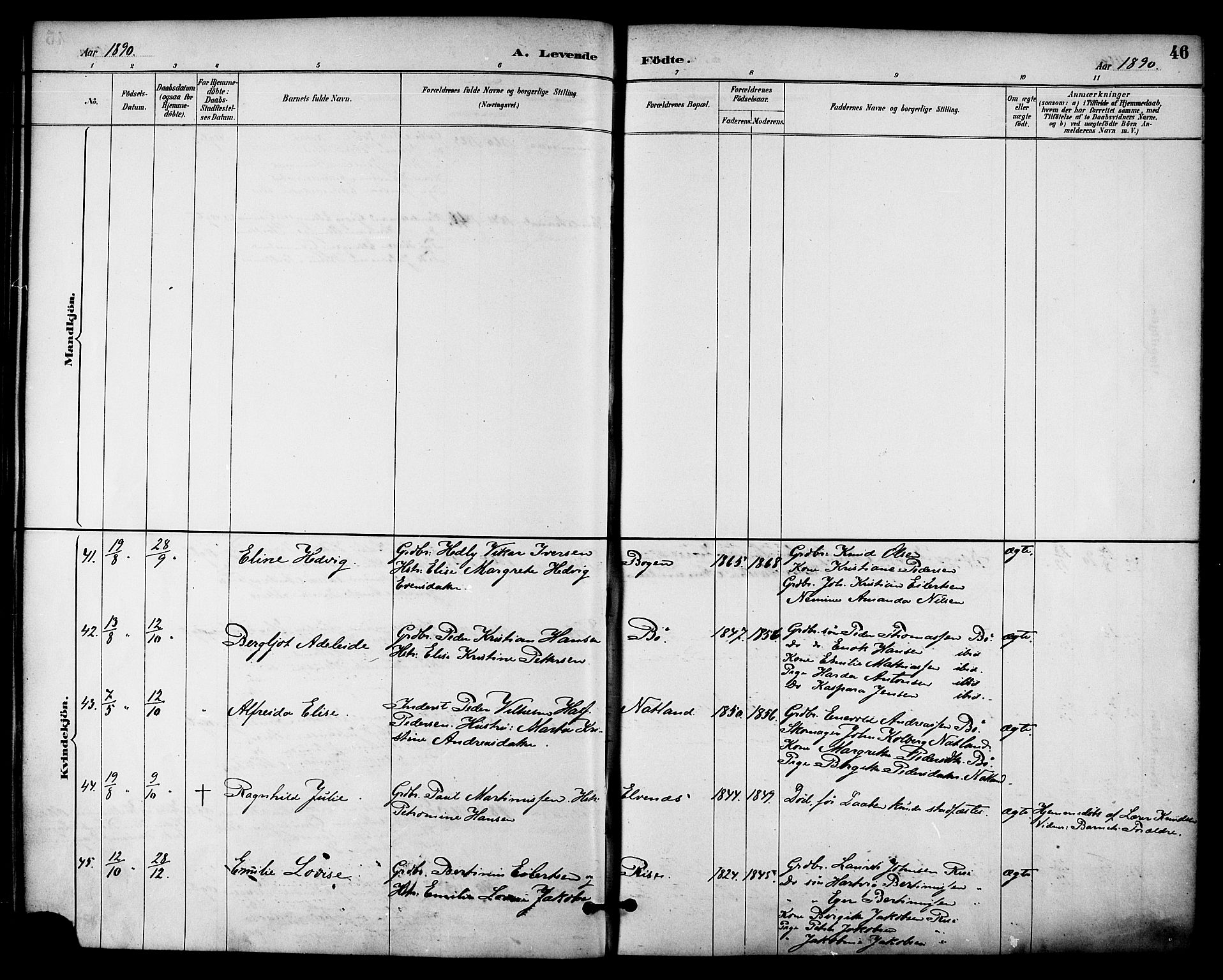 Ministerialprotokoller, klokkerbøker og fødselsregistre - Nordland, AV/SAT-A-1459/895/L1371: Parish register (official) no. 895A06, 1885-1894, p. 46