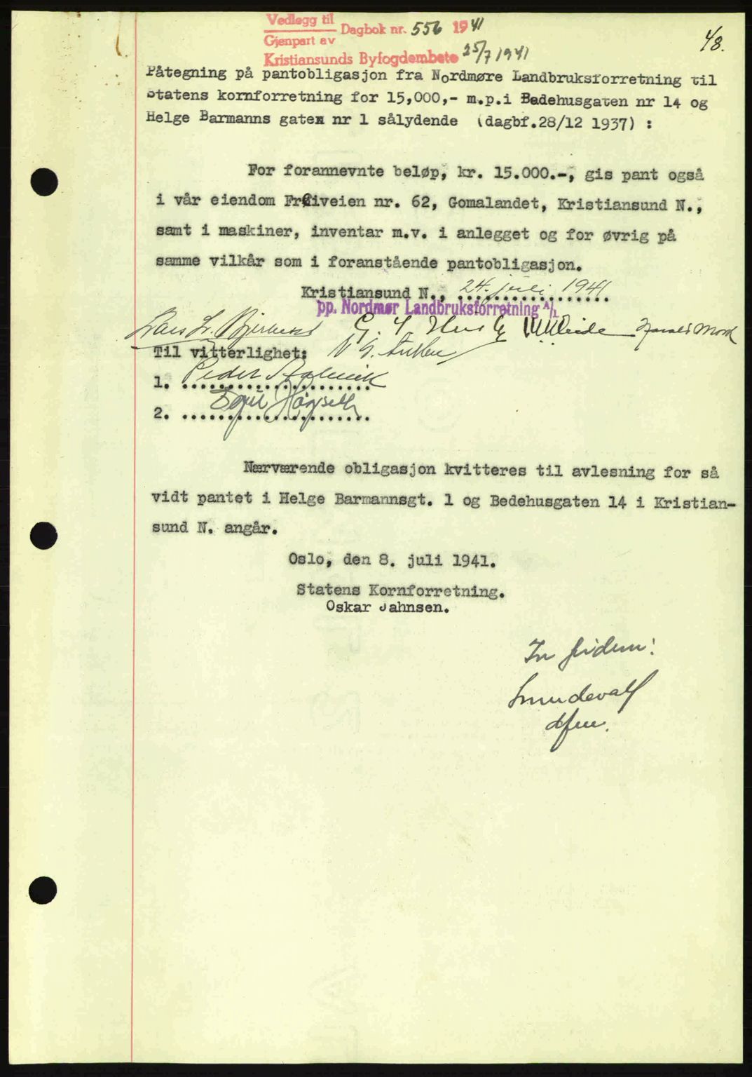 Kristiansund byfogd, AV/SAT-A-4587/A/27: Mortgage book no. 35, 1941-1942, Diary no: : 556/1941