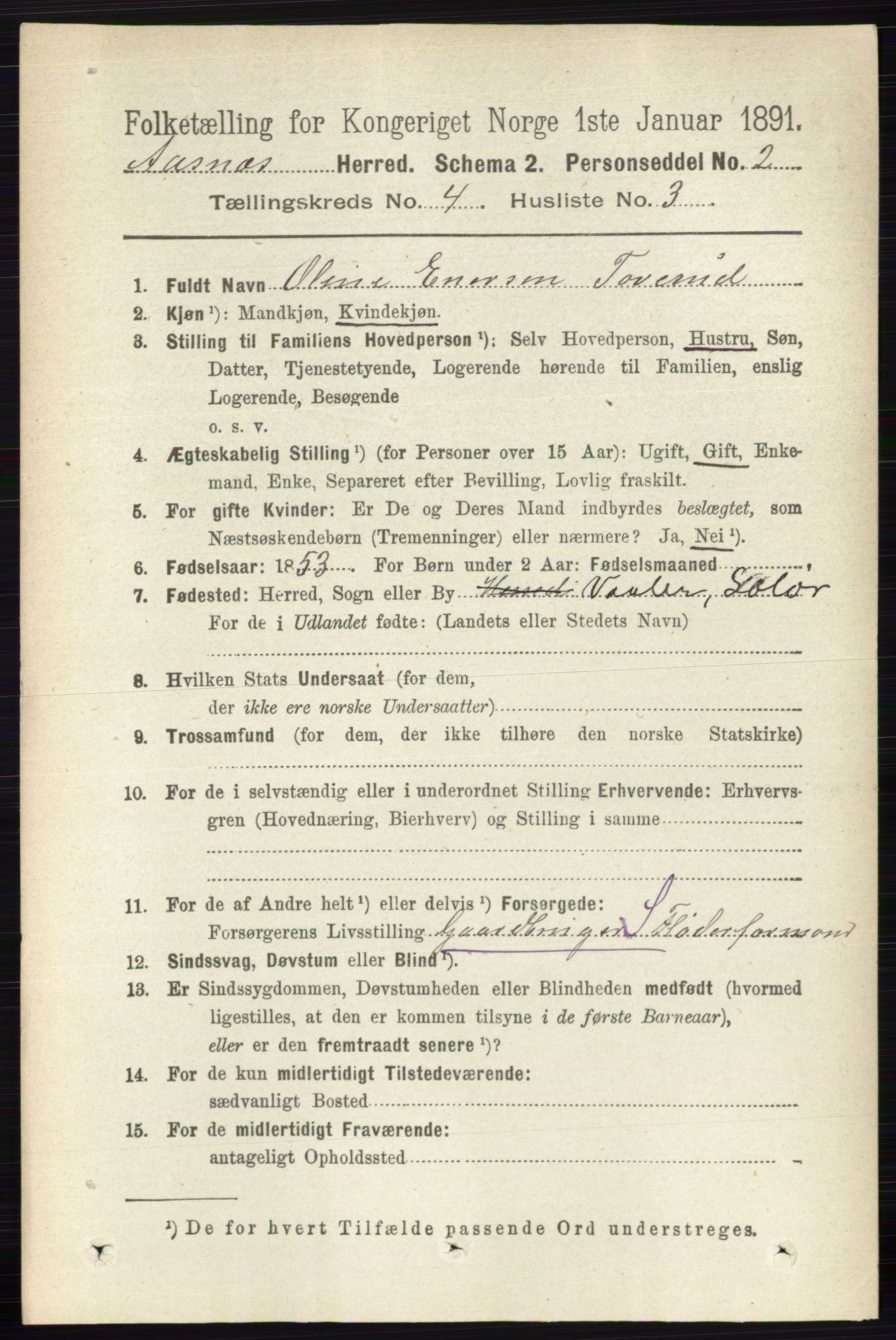 RA, 1891 census for 0425 Åsnes, 1891, p. 1679